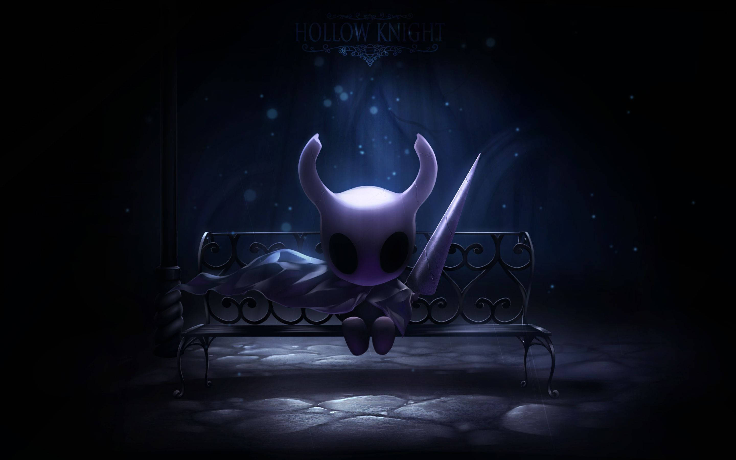 Hollow Knight, glowing purple horned figure, dark ornate bench, 2K Desktop Wallpaper