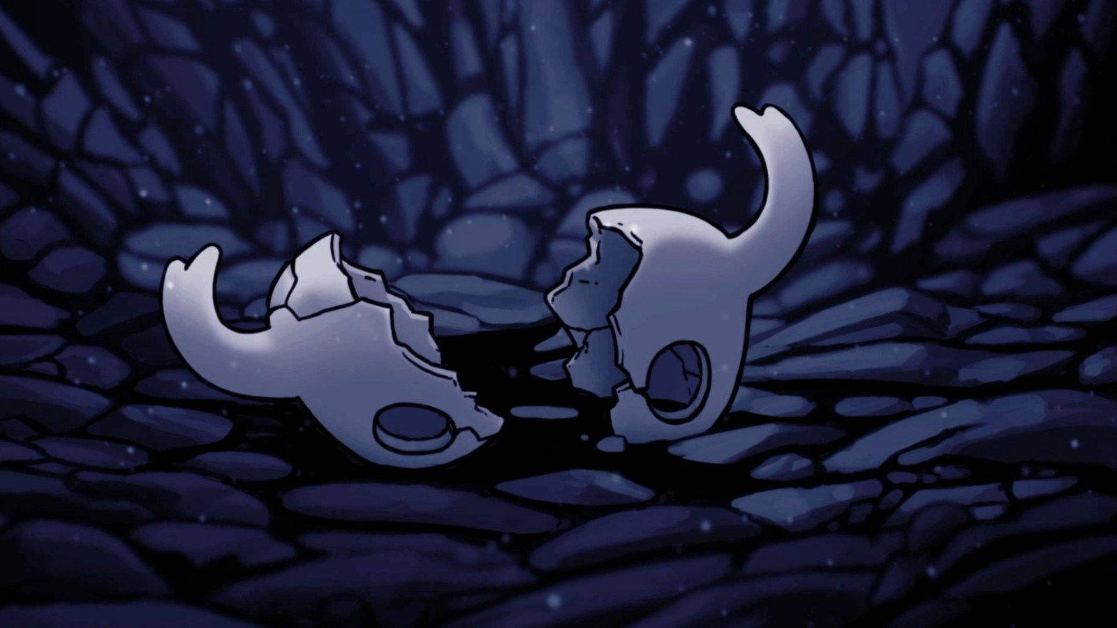 Hollow Knight, cracked white skull, dark blue rocky surface, HD Desktop Wallpaper