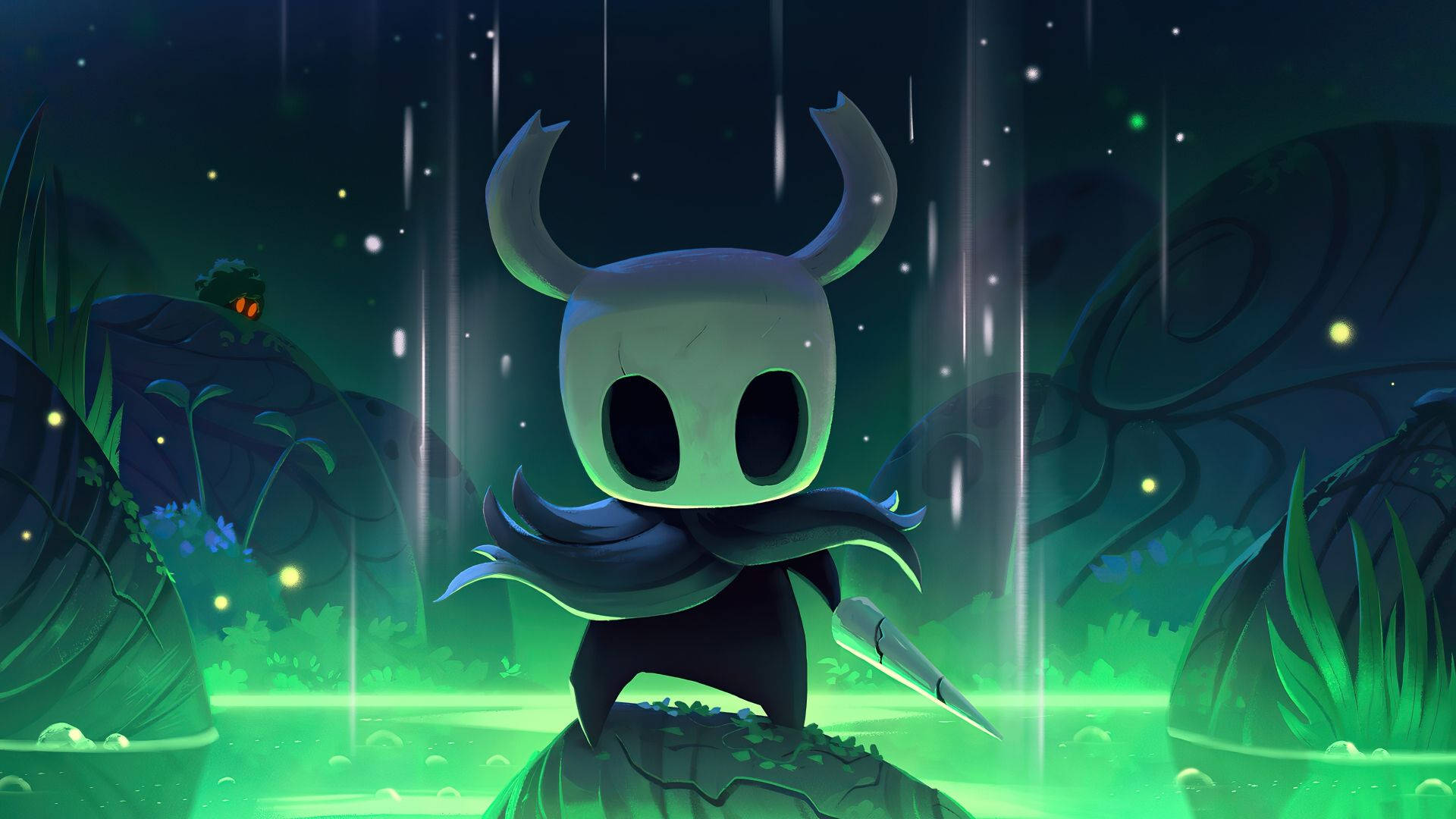 Hollow Knight, glowing green horned figure, mystical rain-soaked forest, Full HD Desktop Wallpaper