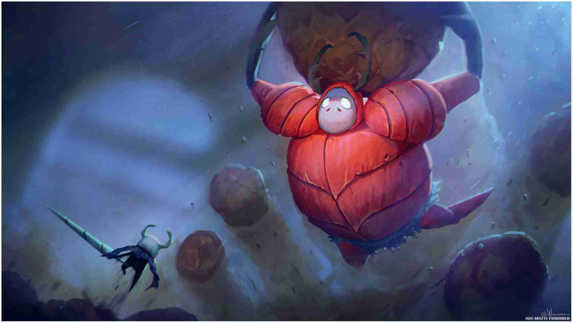 Hollow Knight, red armored creature, floating rocks, Full HD Desktop Wallpaper