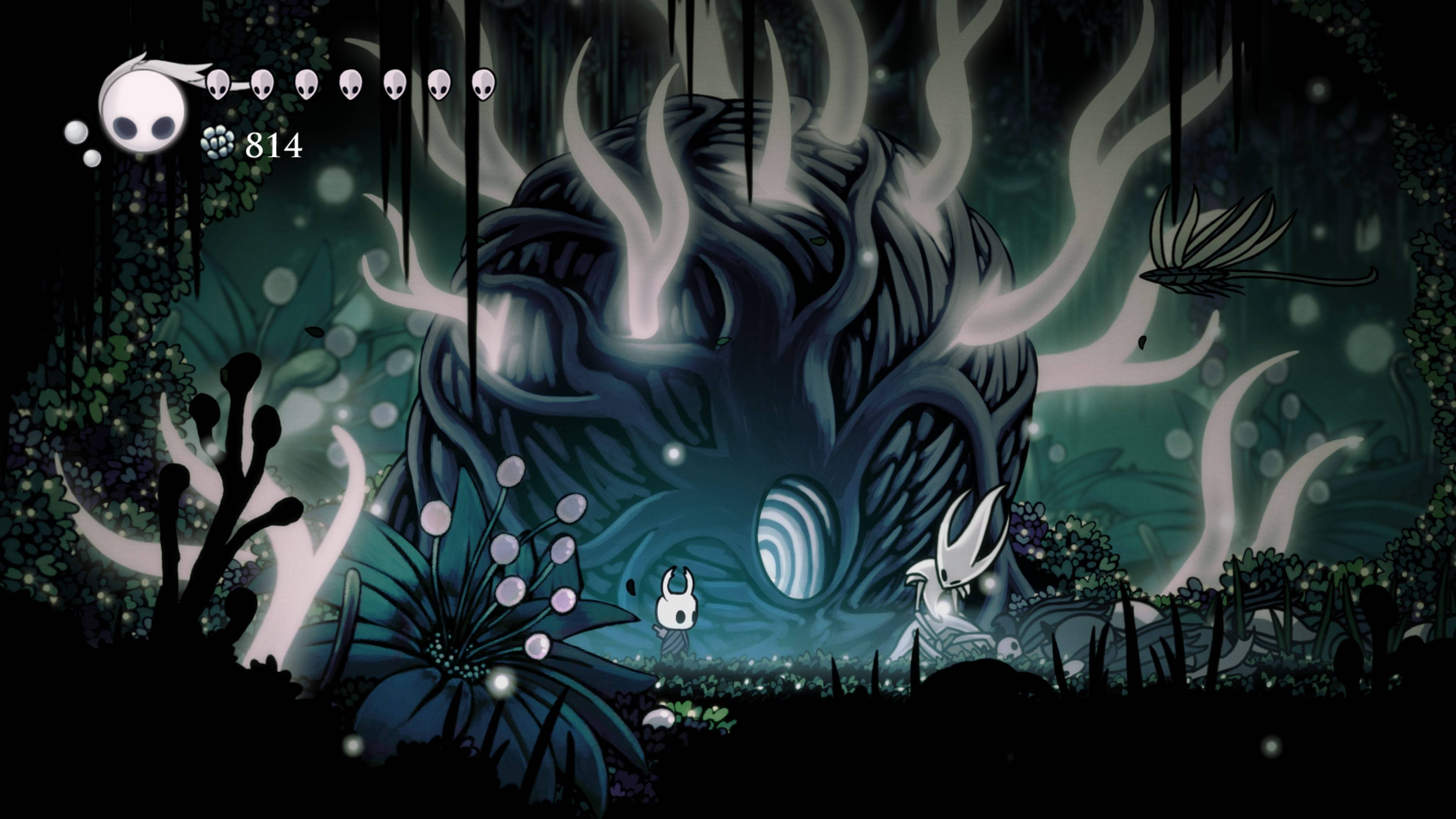 Hollow Knight, dark eerie forest, glowing flora, 4K Desktop Wallpaper