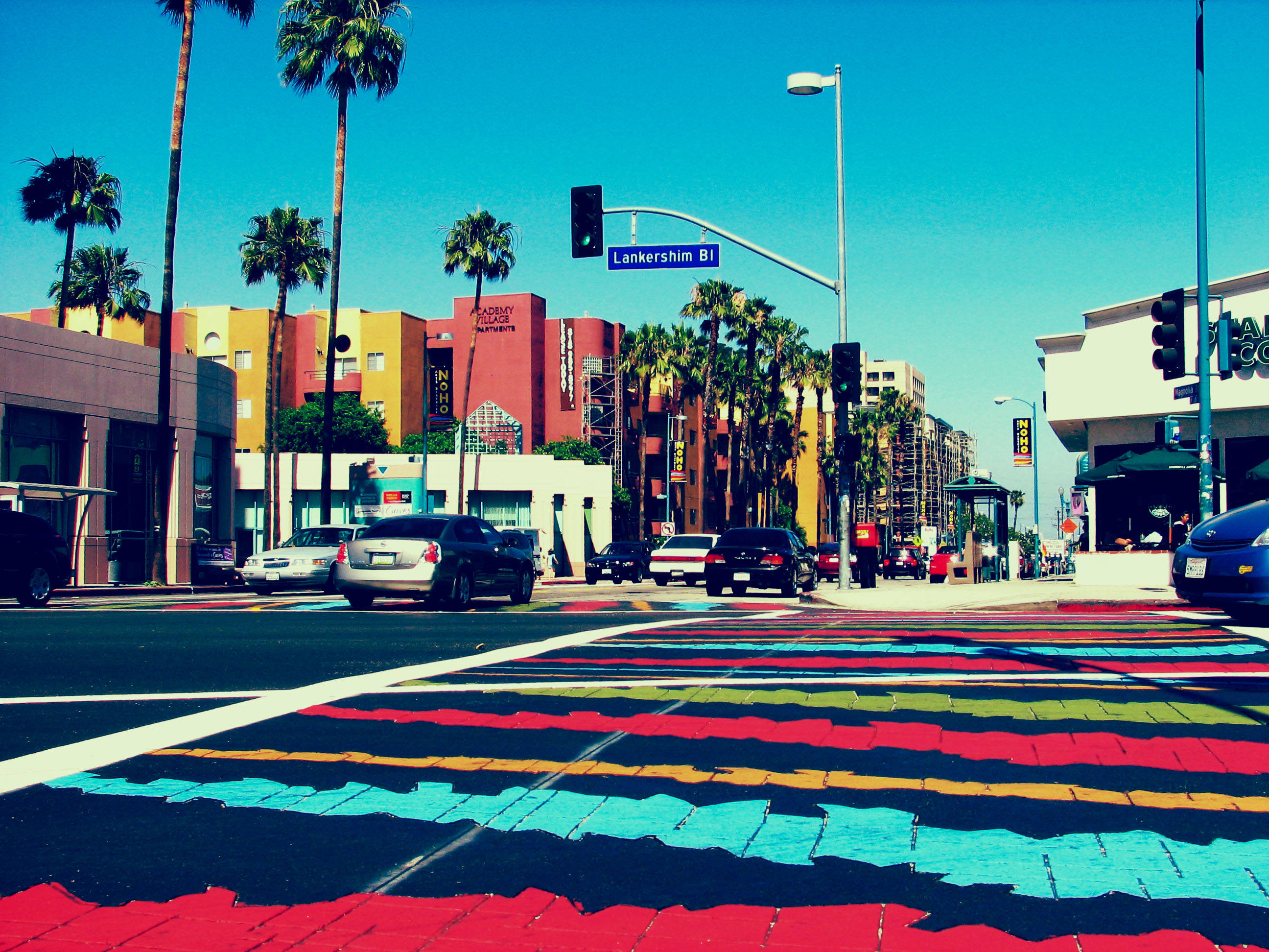 Hollywood Street, rainbow crosswalk, palm trees, 2K Desktop Wallpaper