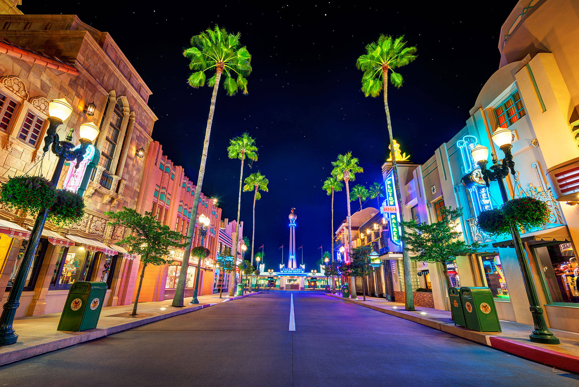 Hollywood Street, nighttime, palm trees, Full HD Desktop Wallpaper