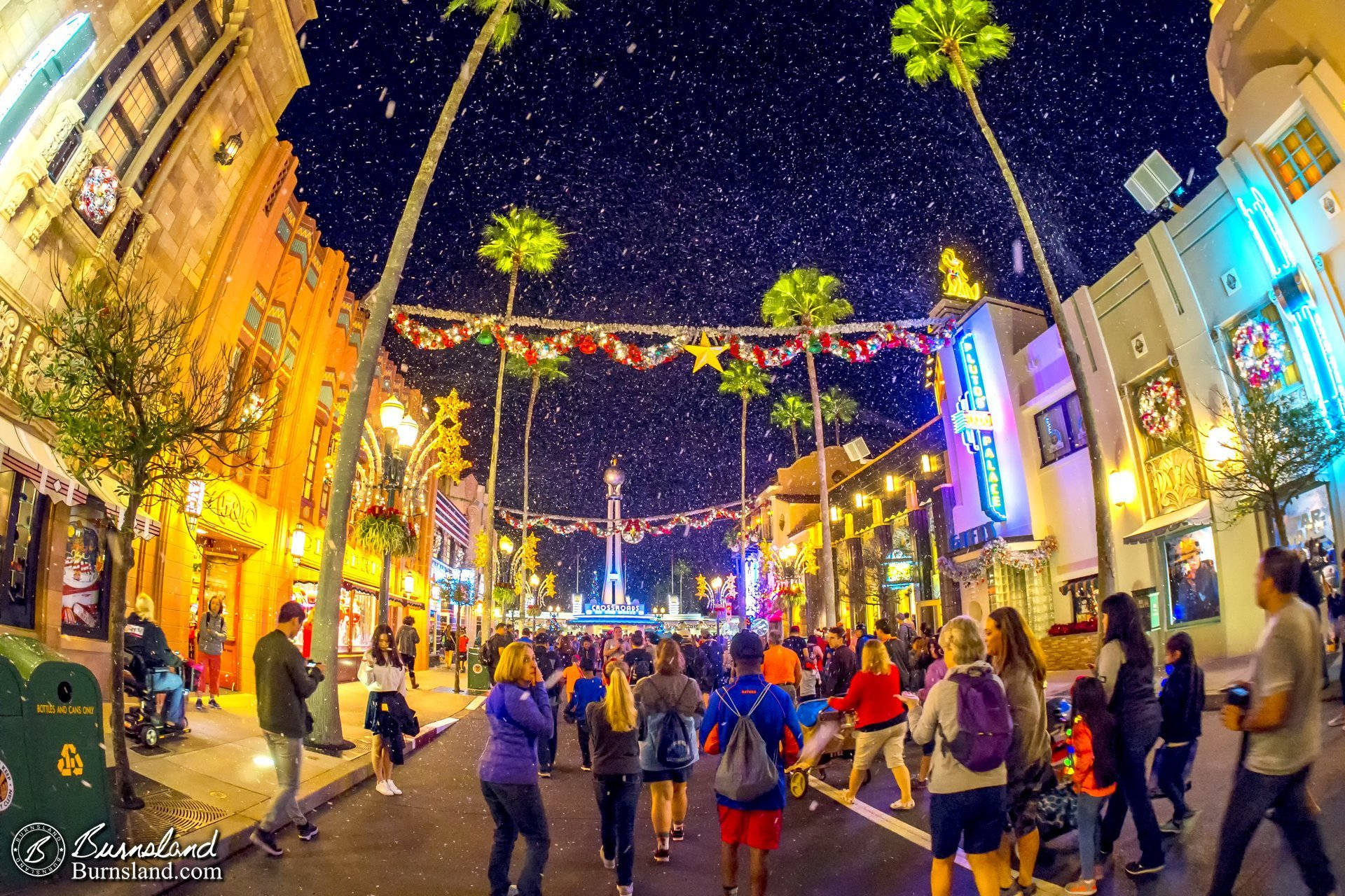 Hollywood Street, nighttime street scene, palm trees, Full HD Desktop Wallpaper