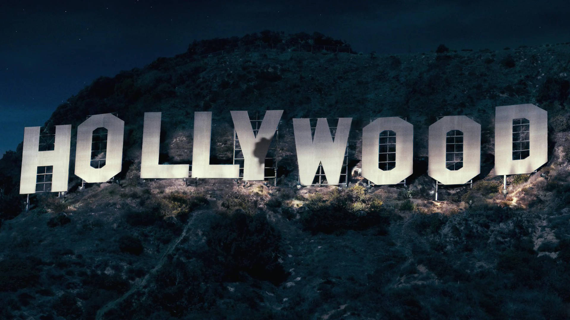 Hollywood sign, night sky, dark hillside, Full HD Desktop Wallpaper