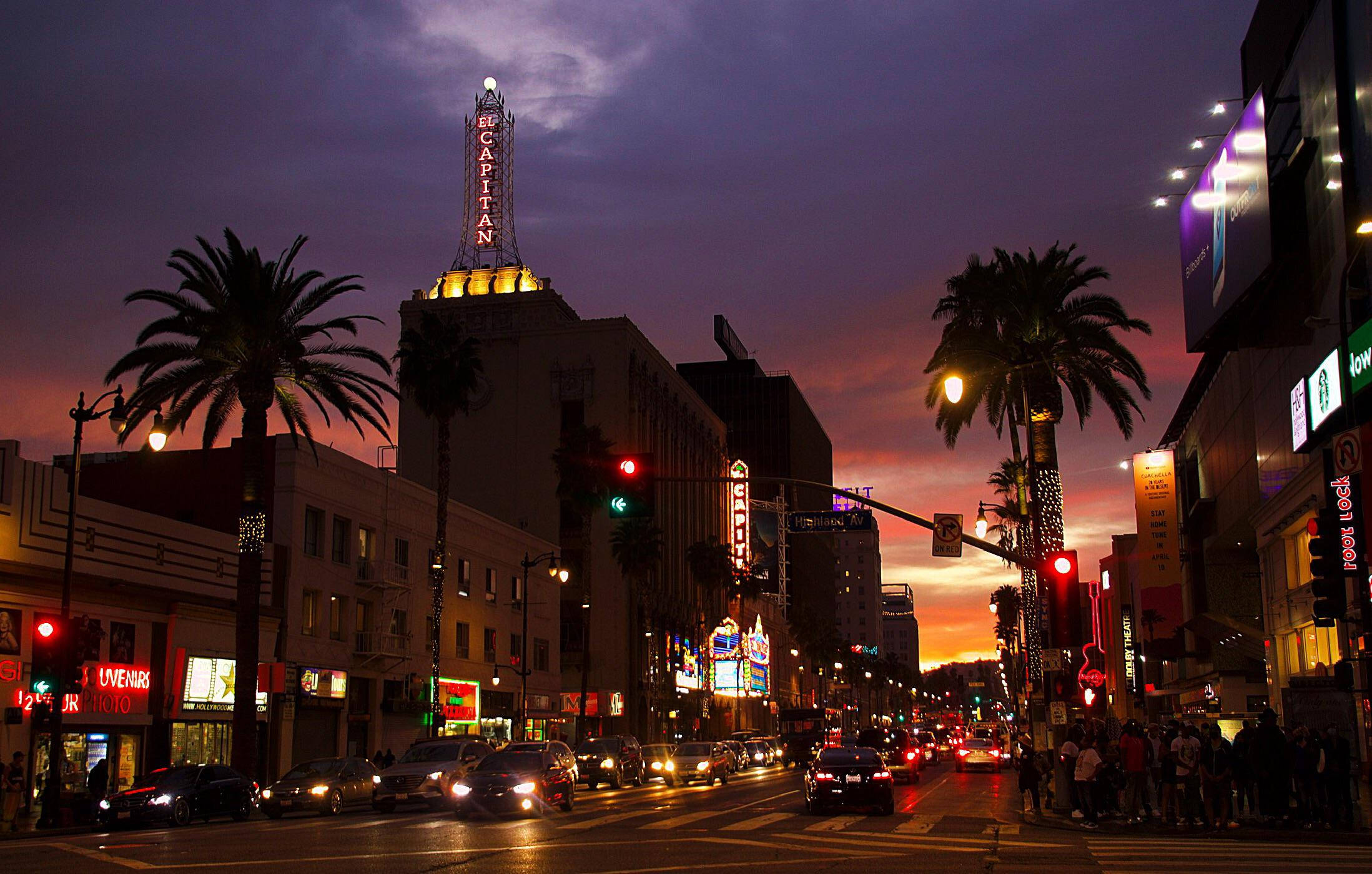Hollywood Street, twilight, palm trees, Full HD Desktop Wallpaper