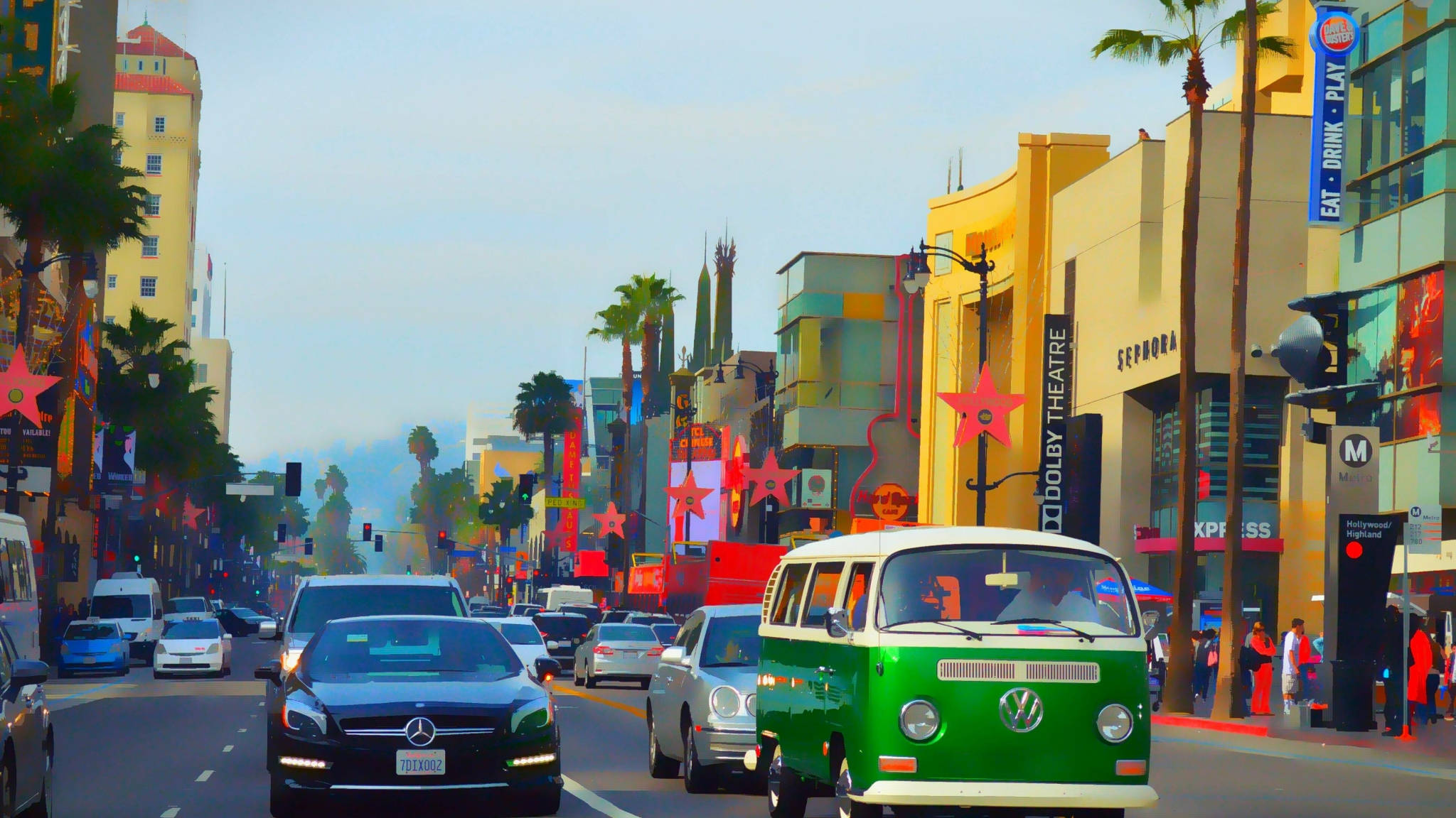 Hollywood Street, vintage VW bus, palm trees, Full HD Desktop Wallpaper