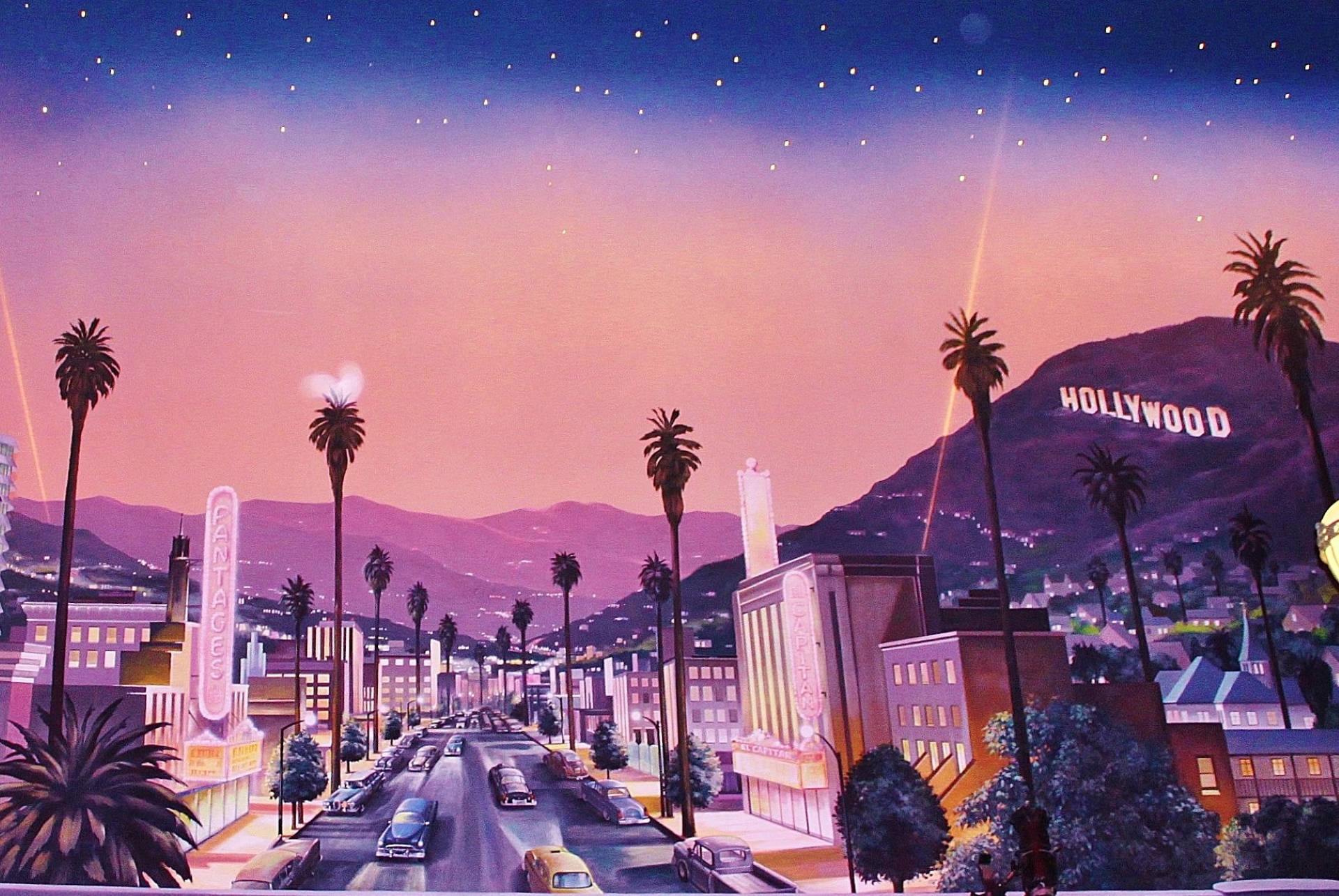 Hollywood sign, twilight, palm trees, Full HD Desktop Wallpaper