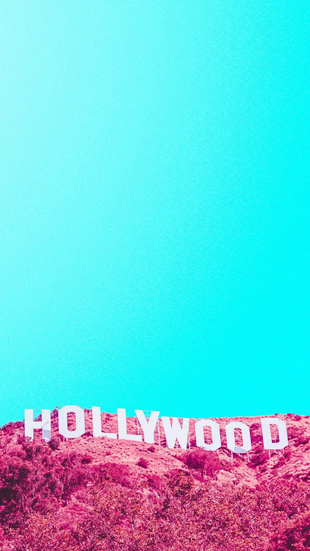 Hollywood Sign, magenta hill, vibrant cyan sky, Full HD Phone Wallpaper