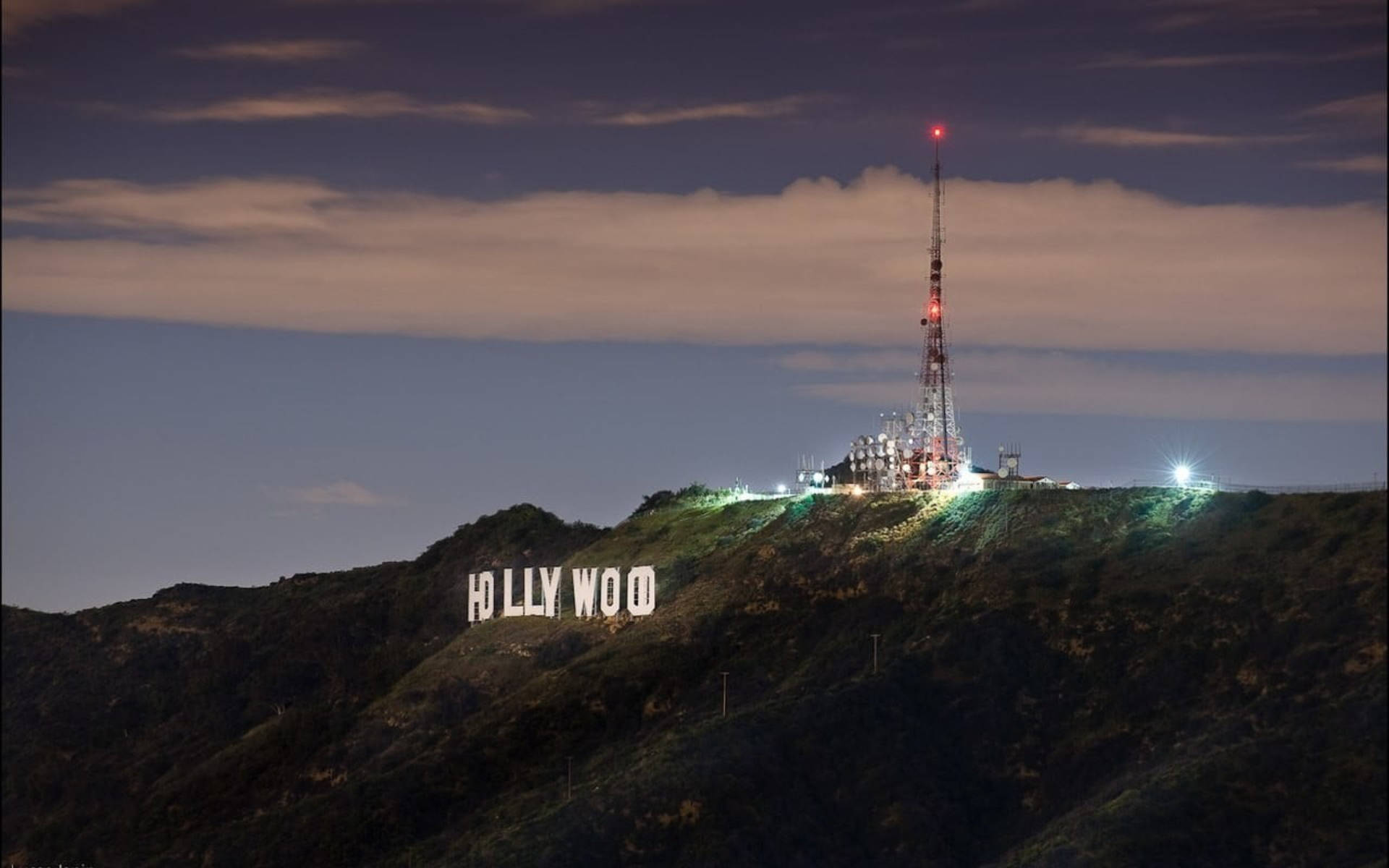 Hollywood sign, twilight sky, dark hill, Full HD Desktop Wallpaper