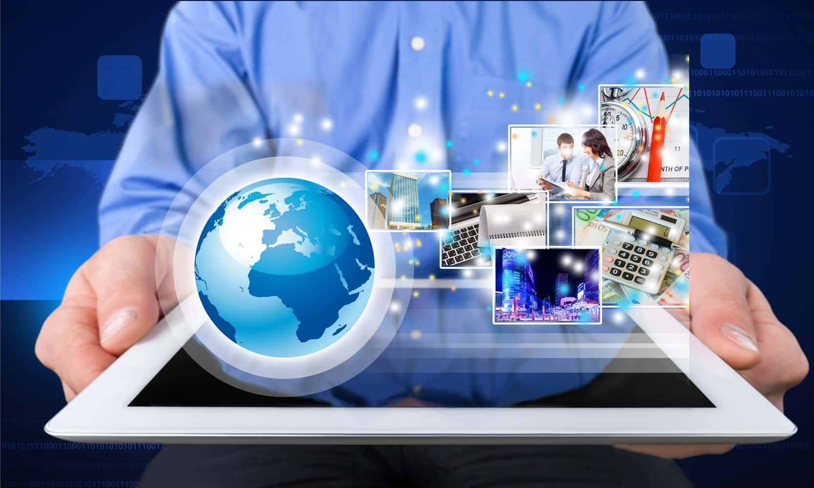 tablet, glowing globe, floating business-themed images, HD Desktop Wallpaper