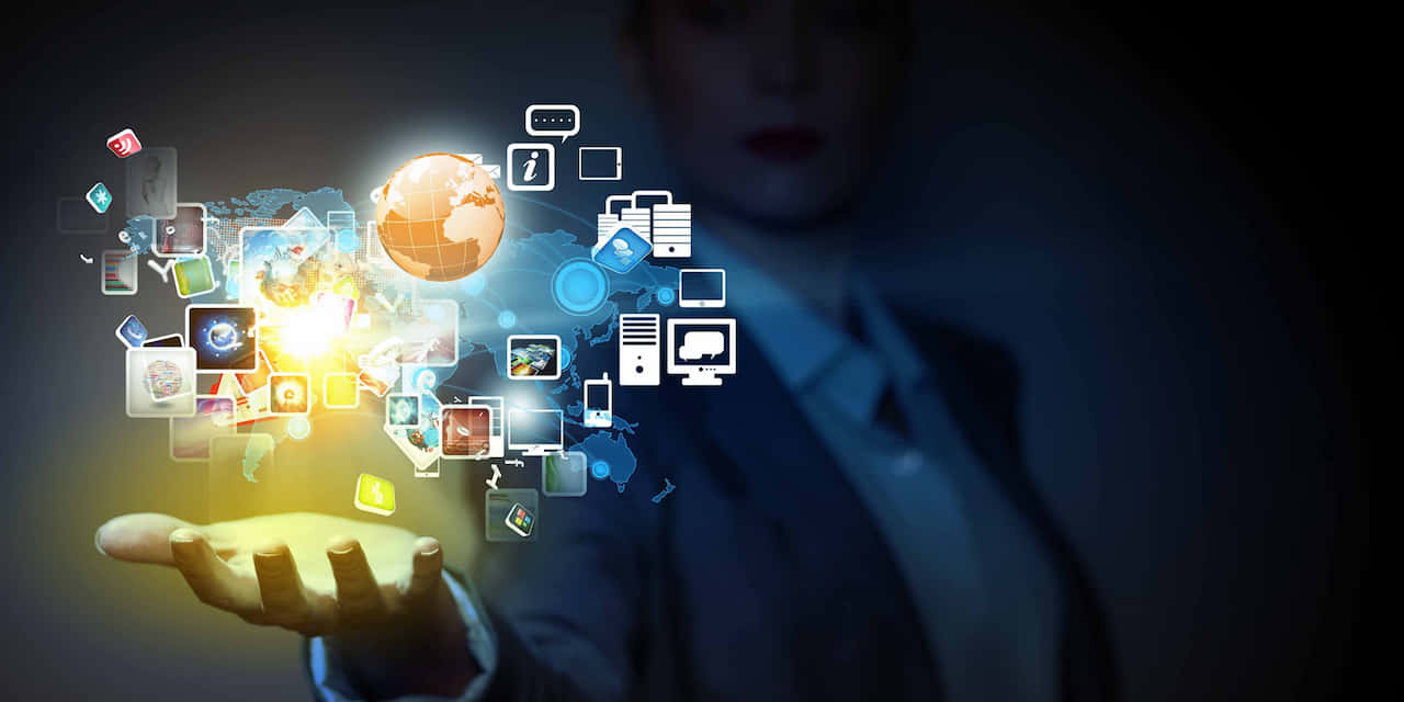 Holographic Display Reflecting Punitive Actions Concept, glowing digital globe, floating tech icons, HD Desktop Wallpaper