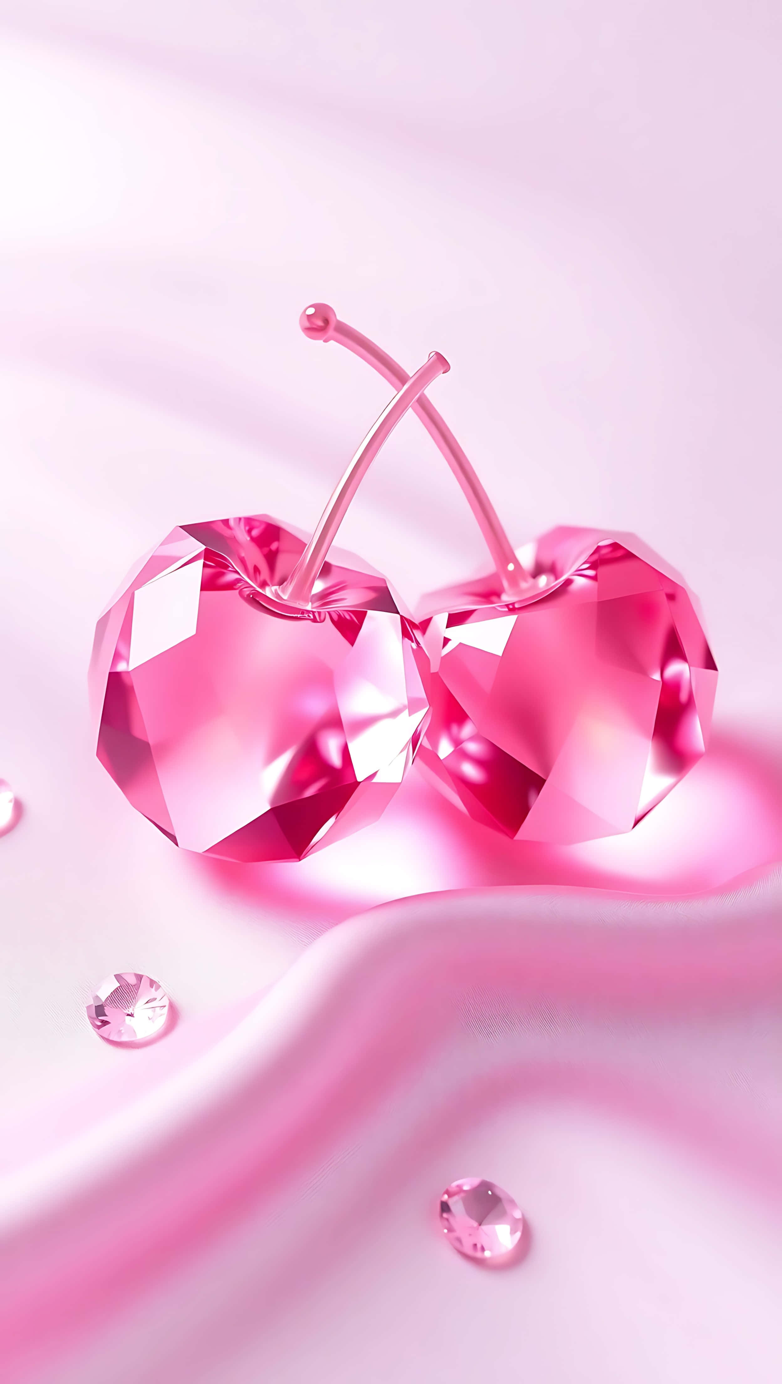 crystal cherries, holographic silk, pink satin, 4K Phone Wallpaper