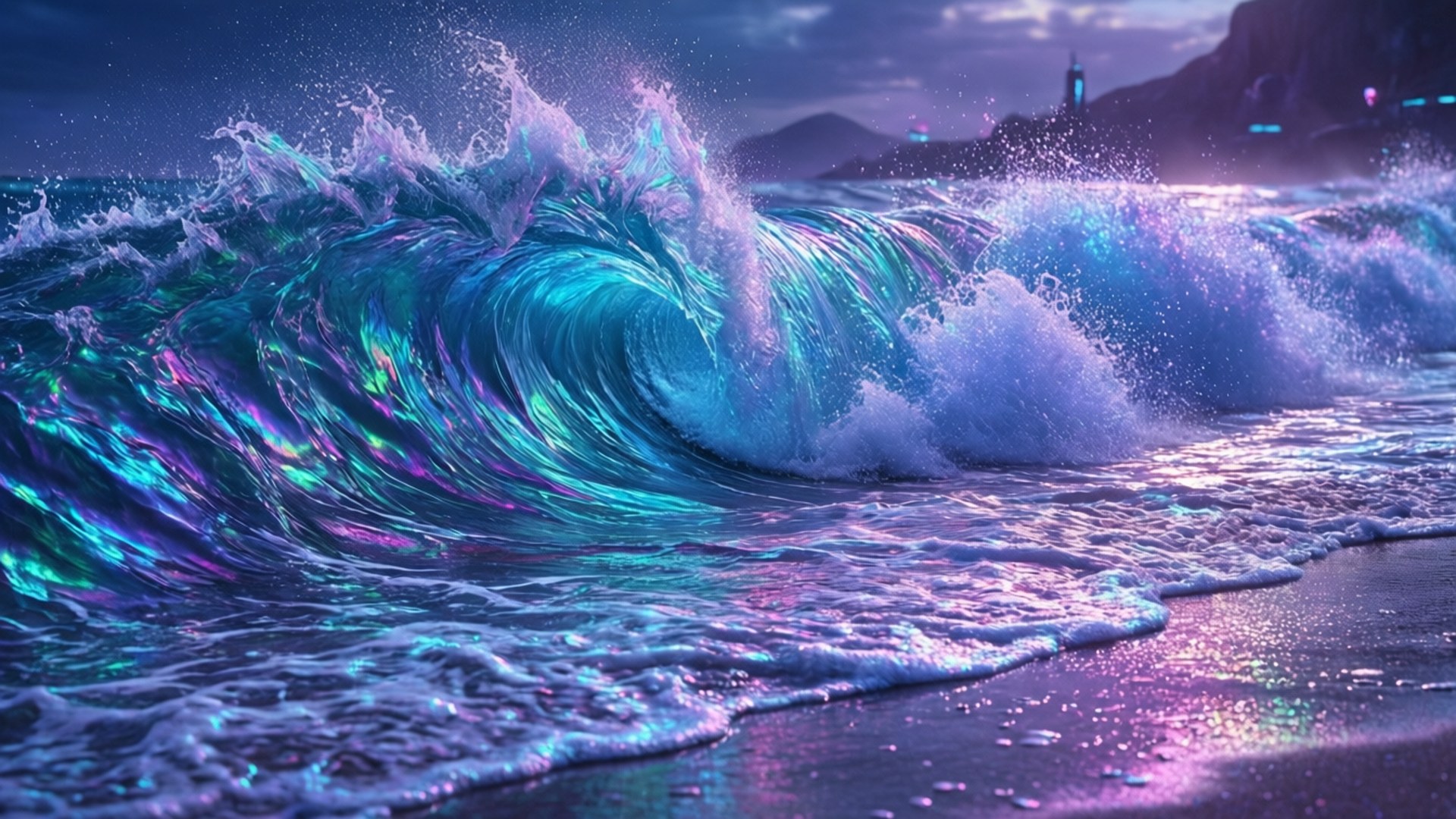 holographic, neon ocean, iridescent blue, Full HD Desktop Wallpaper