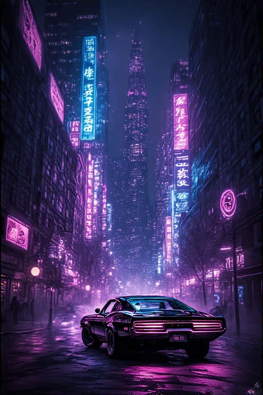 black muscle car, neon lights, rain-slicked street, SD Phone Wallpaper