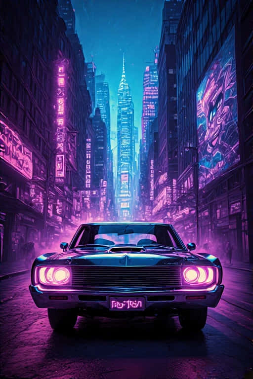 classic muscle car, glowing pink headlights, neon-lit cyberpunk street, SD Phone Wallpaper