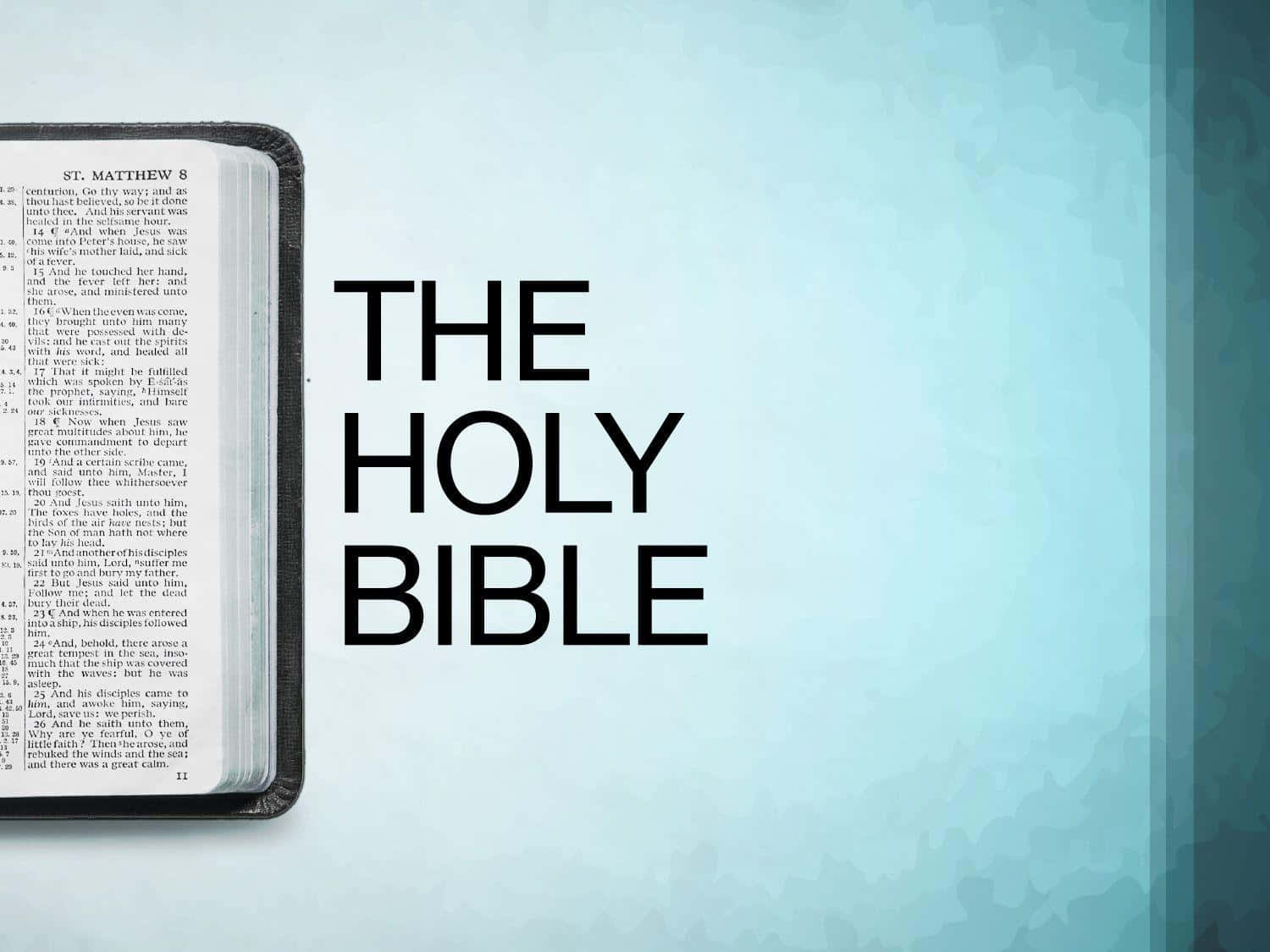 Holy Bible, bold text overlay, soft blue gradient background, HD Desktop Wallpaper