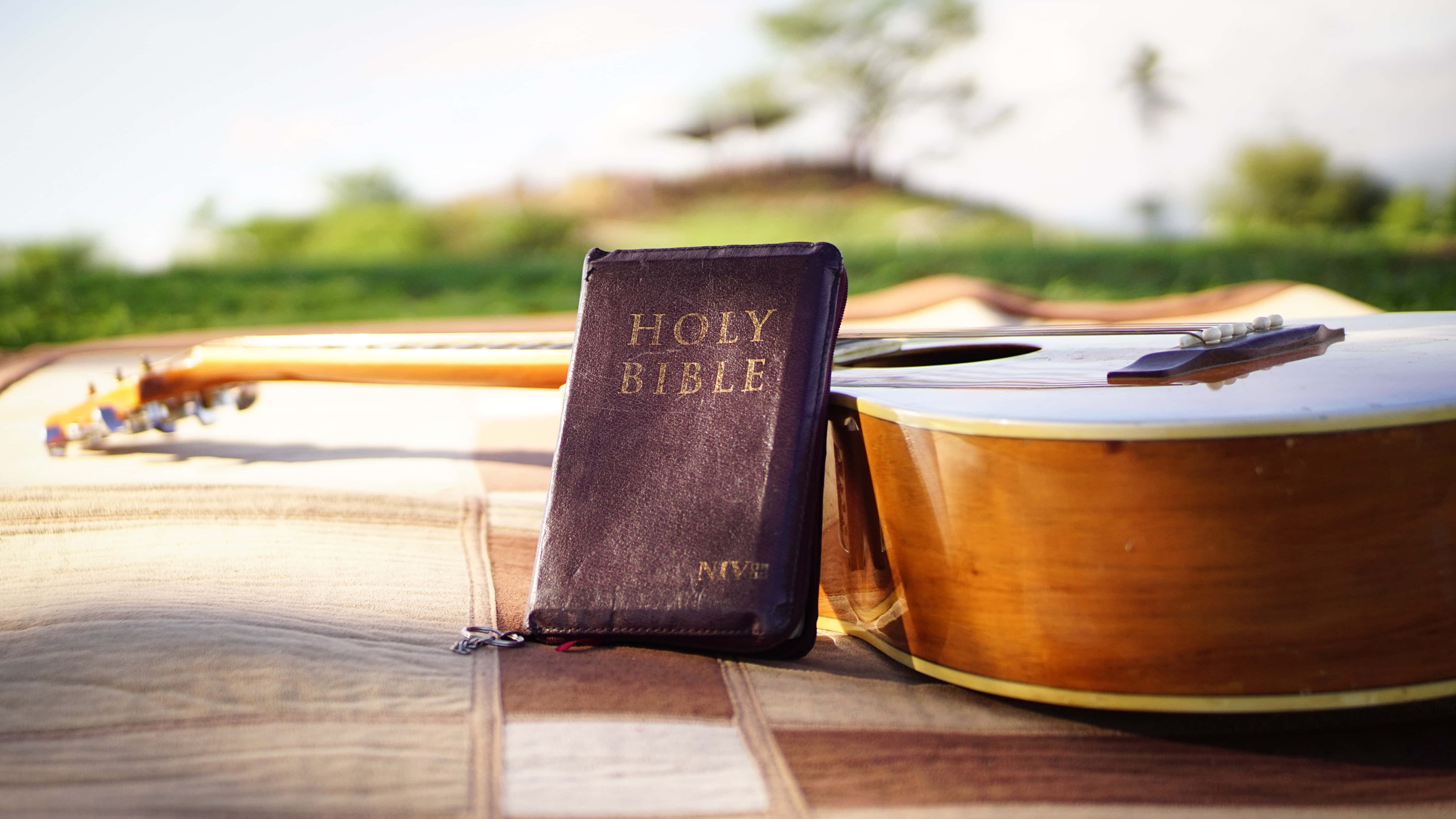Holy Bible, leather-bound, acoustic guitar, 5K Desktop Wallpaper