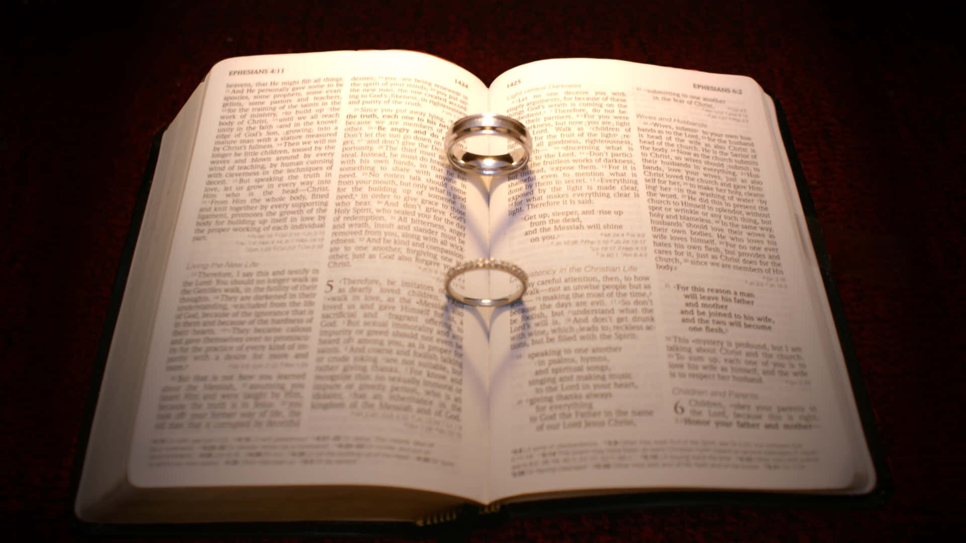 Holy Bible, wedding rings, open Bible page, Full HD Desktop Wallpaper