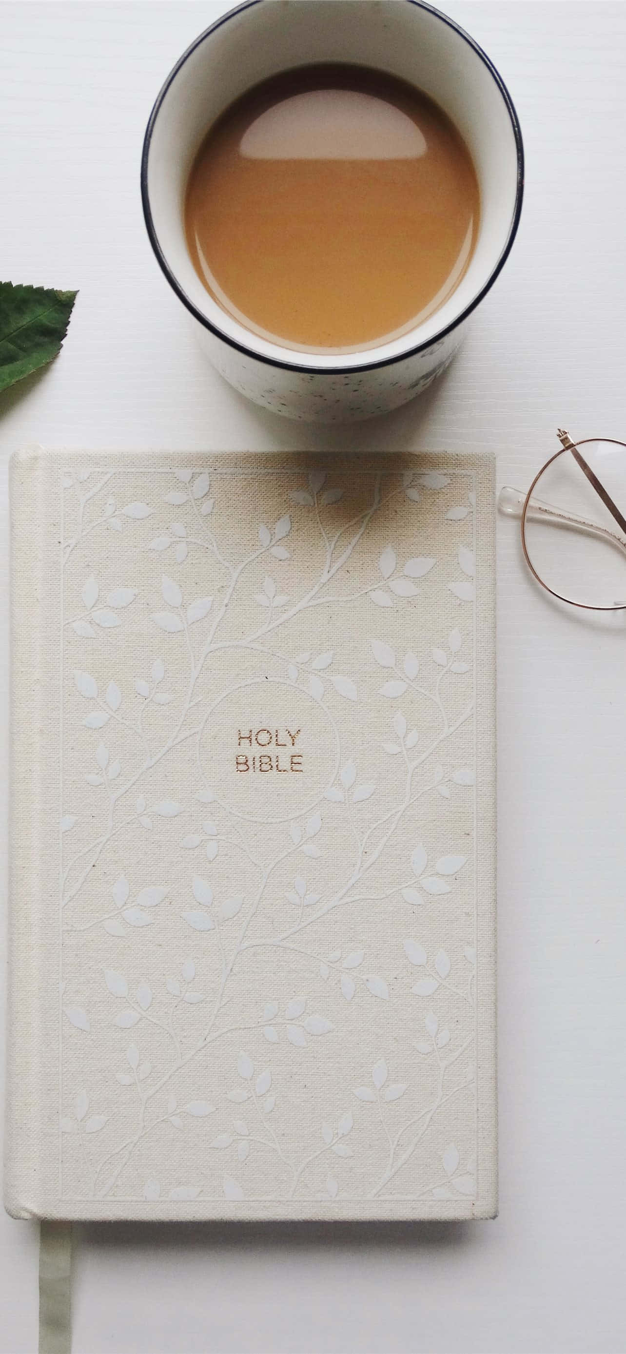 Holy Bible, cup of coffee, reading glasses, 2K Phone Wallpaper