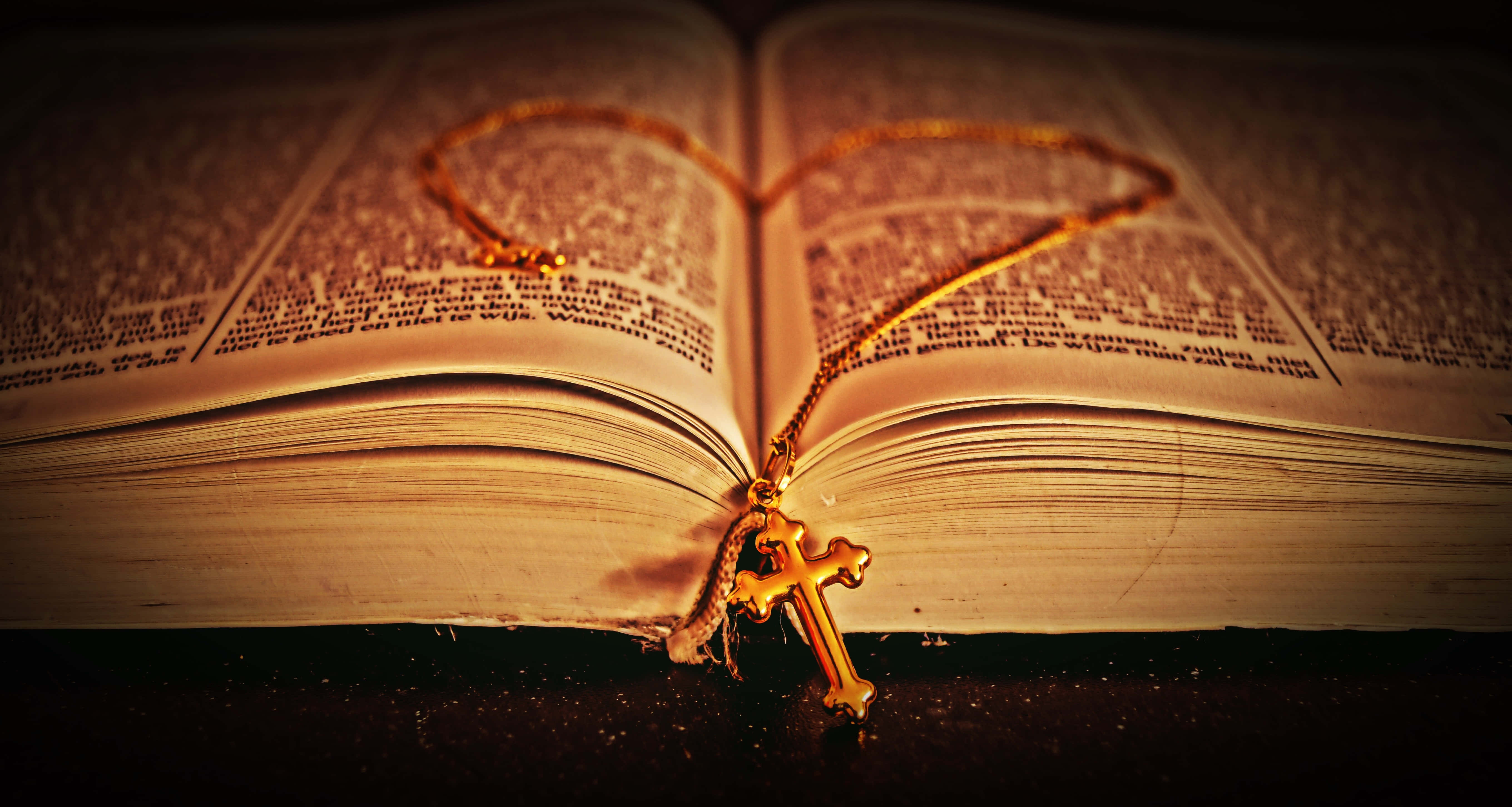 Holy Bible, golden cross, open book, 5K Desktop Wallpaper
