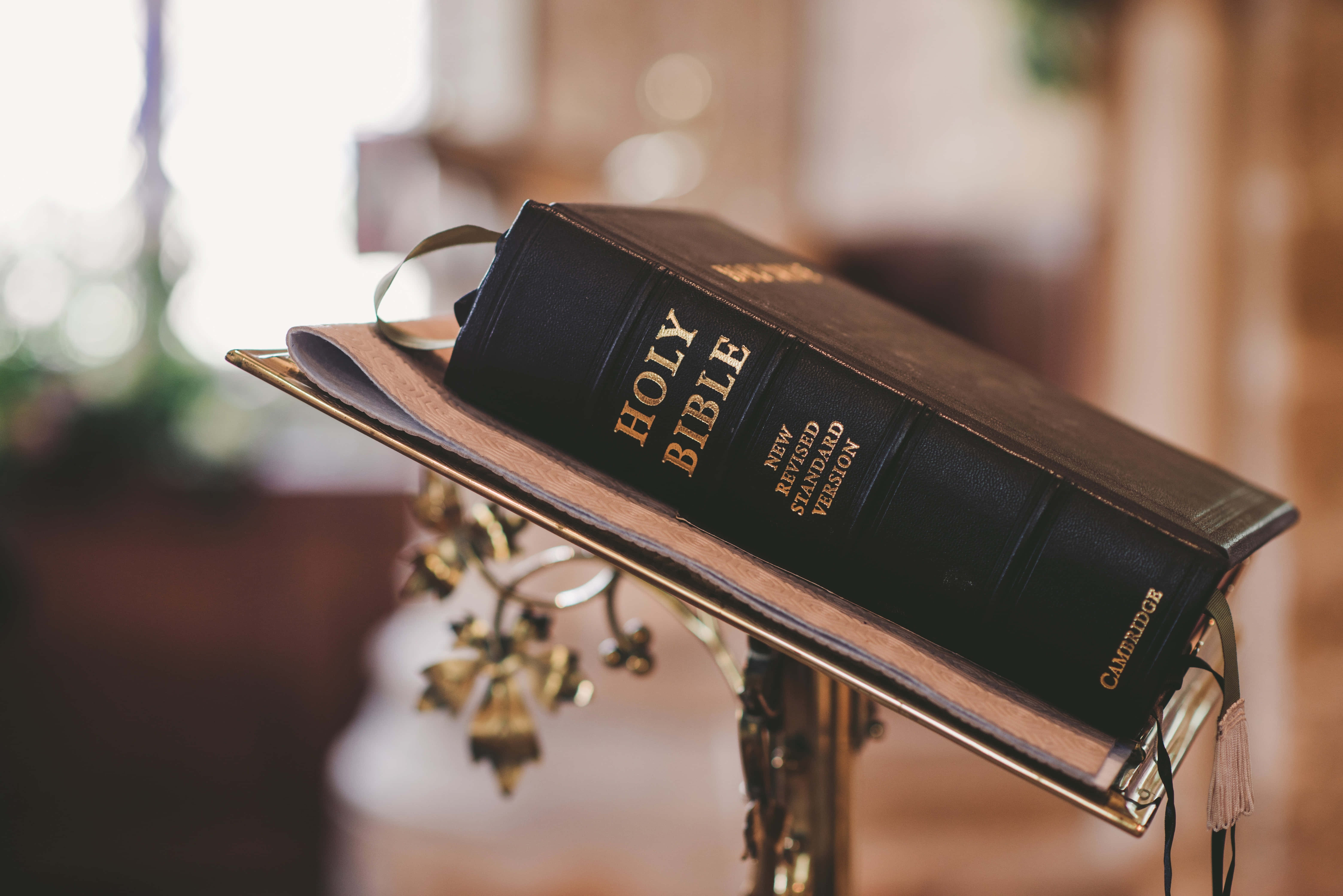 Holy Bible, golden lectern, church, 5K Desktop Wallpaper