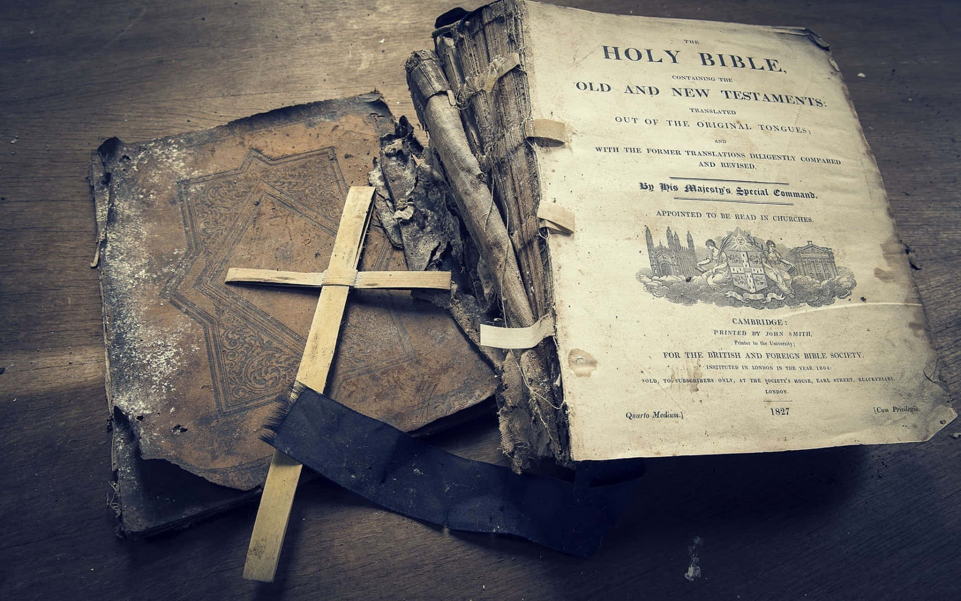 1827 Holy Bible, wooden table, wooden cross, Full HD Desktop Wallpaper
