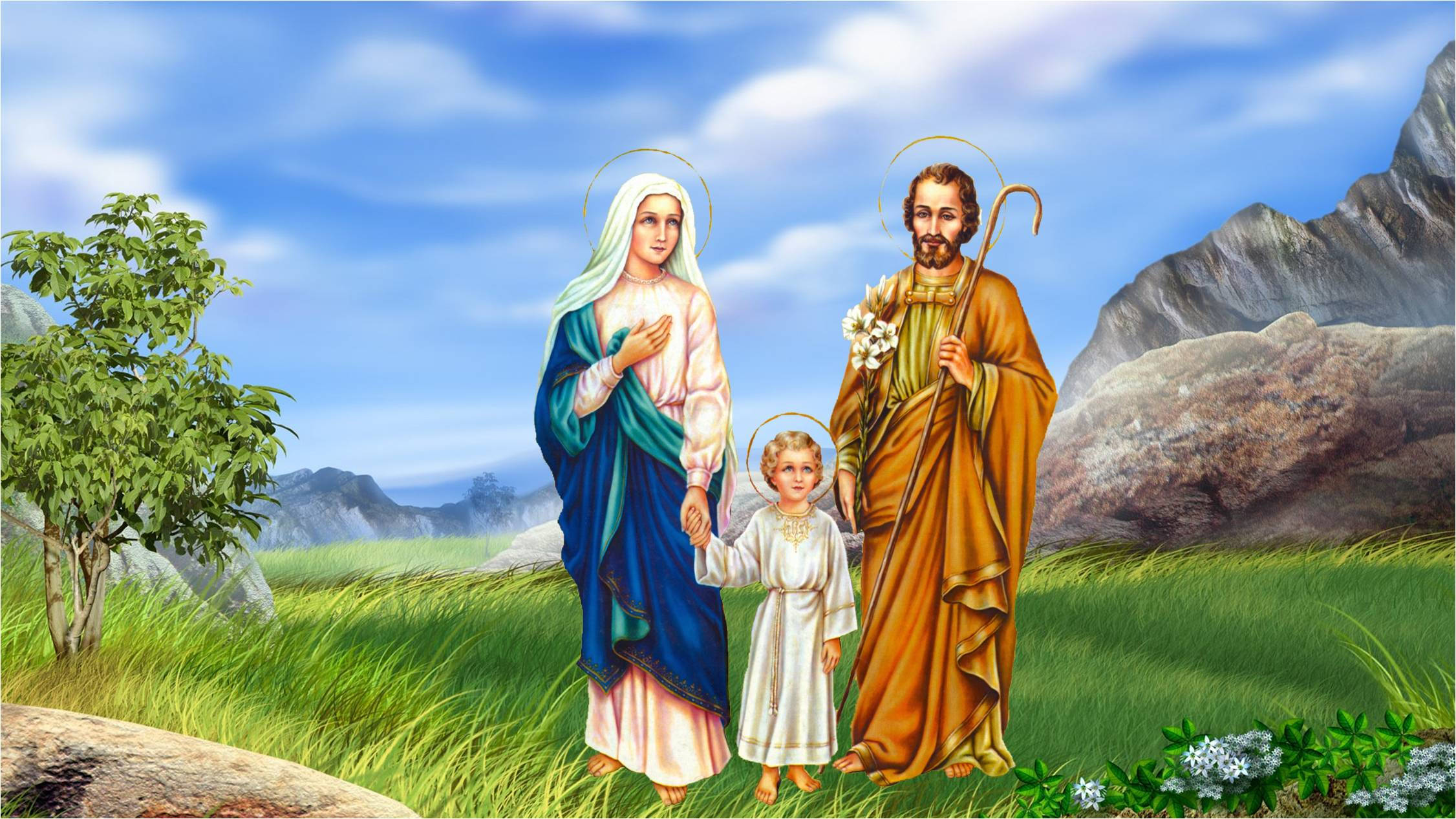 Holy Family, grassy meadow, mountains, Full HD Desktop Wallpaper
