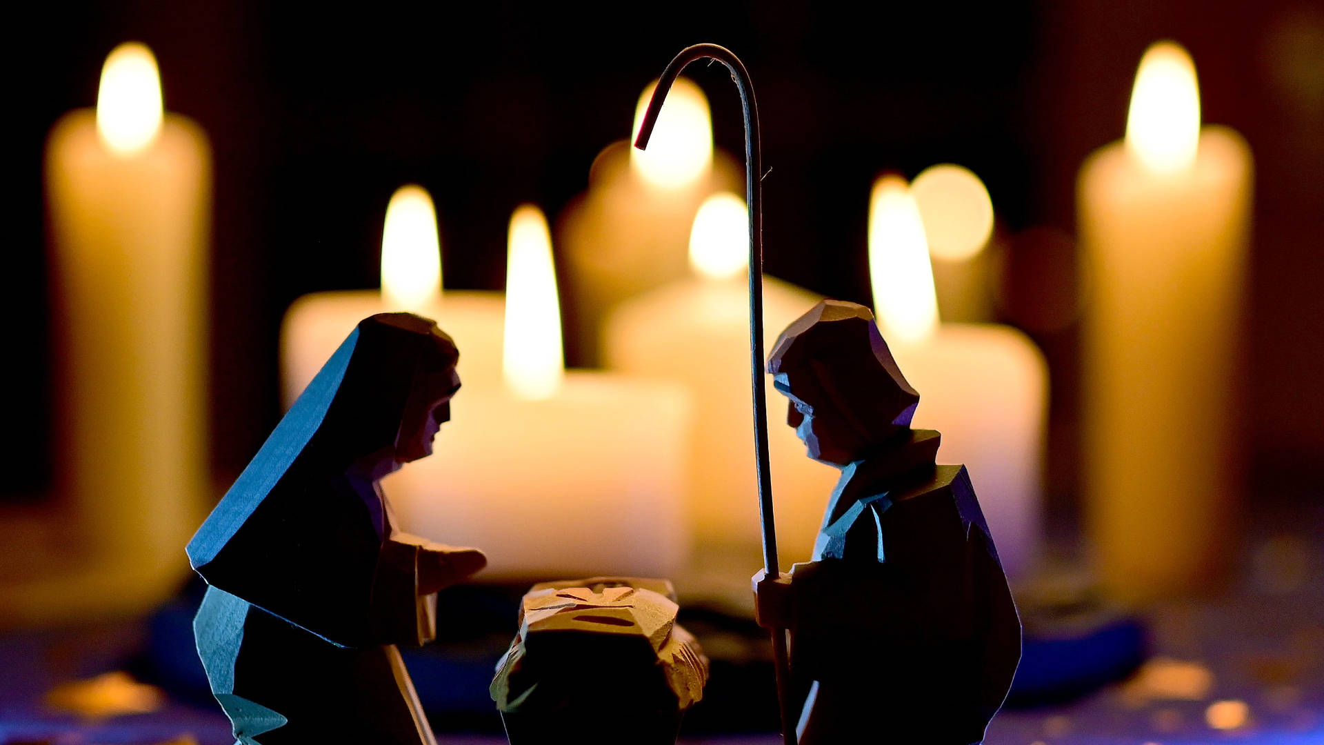Holy Family, candles, silhouetted nativity figures, Full HD Desktop Wallpaper