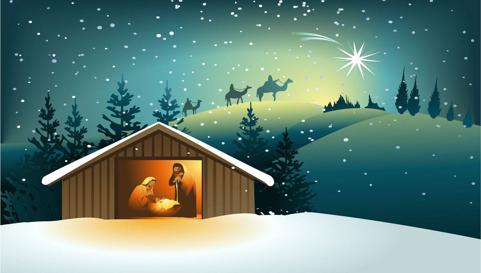 Holy Family, snowy stable, starry night sky, HD Desktop Wallpaper