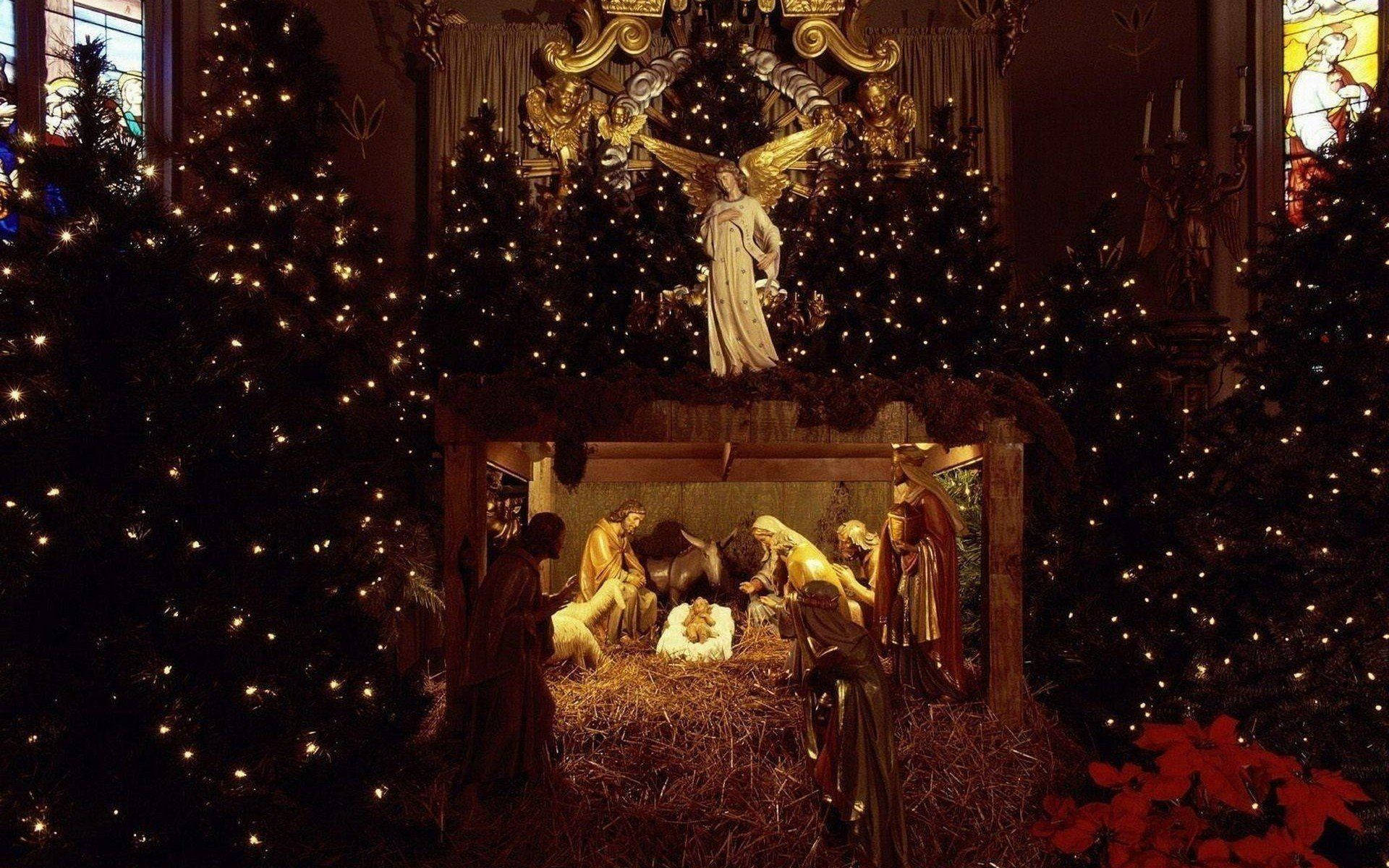 Holy Family, Christmas lights, nativity scene, Full HD Desktop Wallpaper