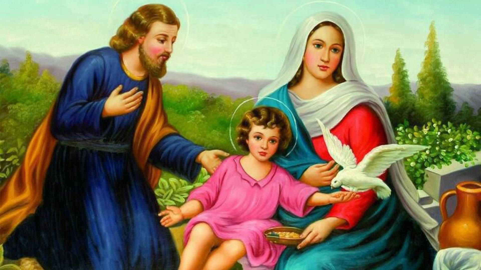 Holy Family, pastoral landscape, white dove, Full HD Desktop Wallpaper