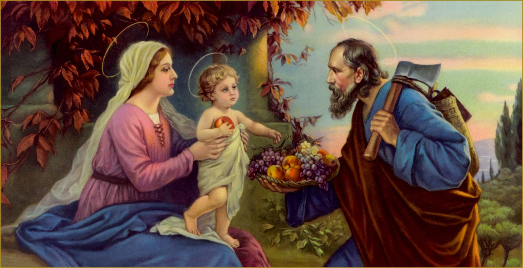 The Holy Family, fruit basket, autumn leaves, HD Desktop Wallpaper