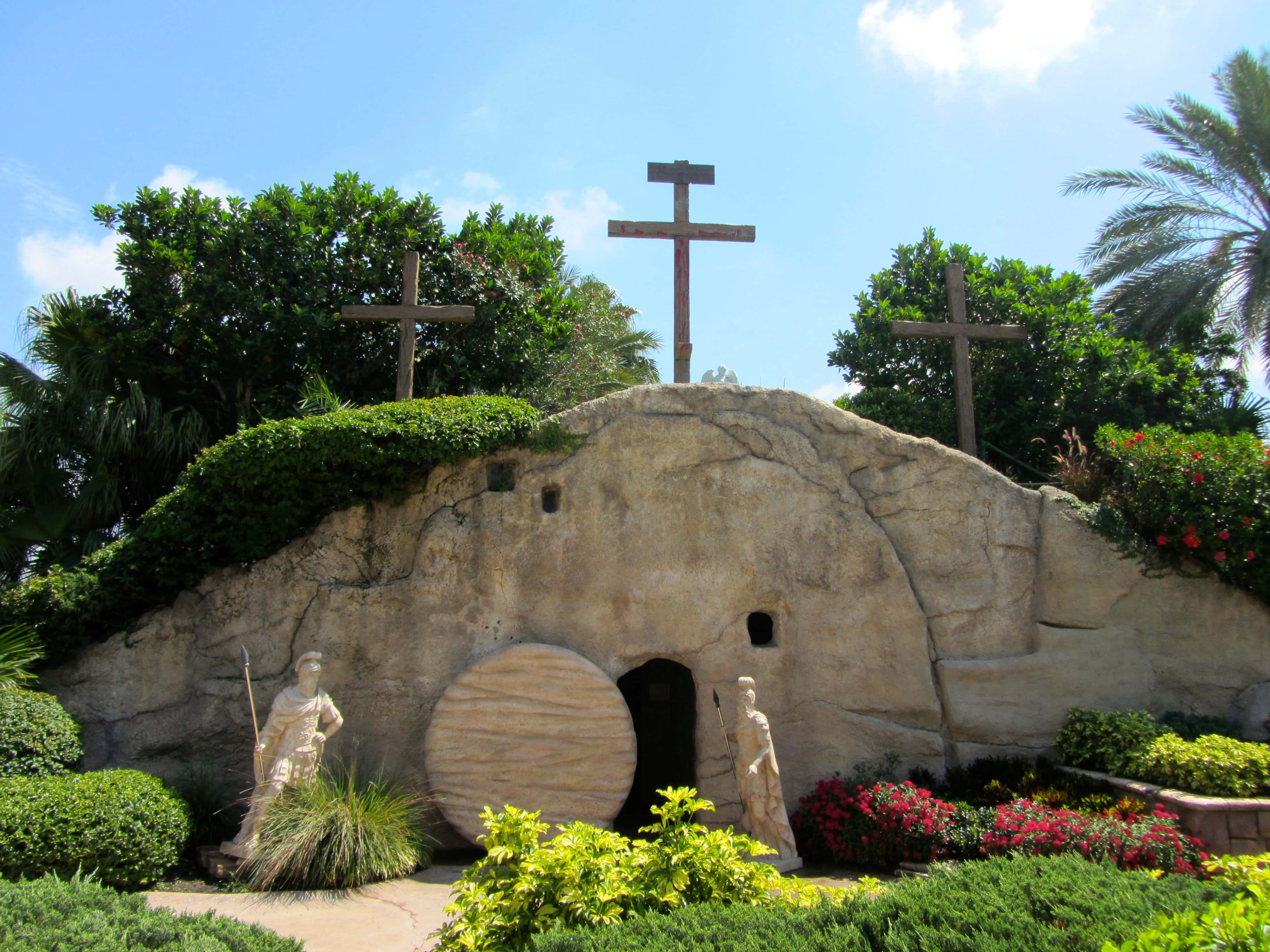 Holy Land, stone tomb, three wooden crosses, 4K Desktop Wallpaper