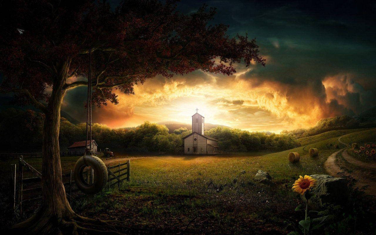 religious country church, golden field, sunset, HD Desktop Wallpaper