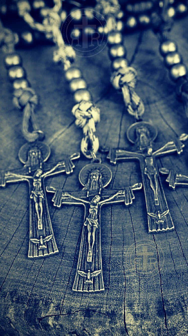 Holy Trinity, silver crucifixes, weathered wooden surface, HD Phone Wallpaper
