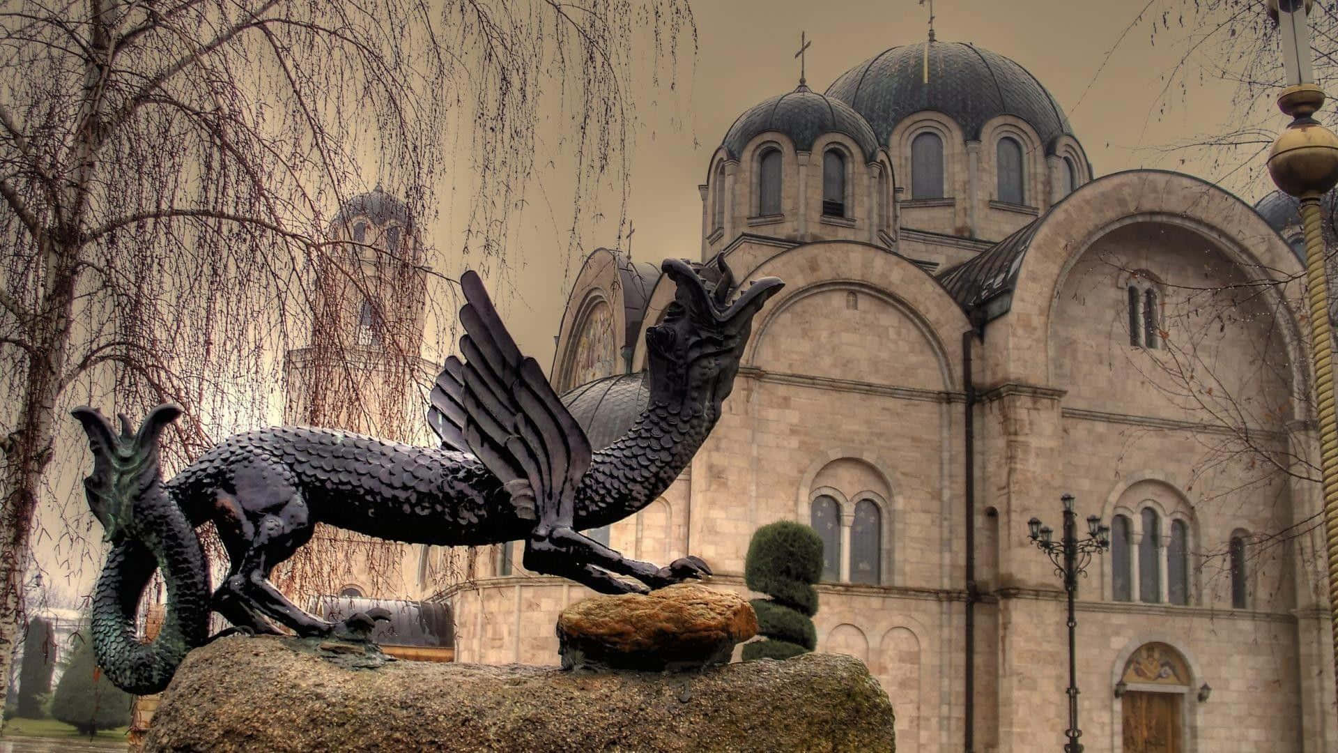 Holy Trinity, dark winged dragon statue, grand stone church, Full HD Desktop Wallpaper