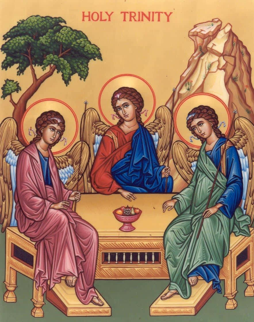 Holy Trinity, angelic figures, vibrant robes, SD Phone Wallpaper
