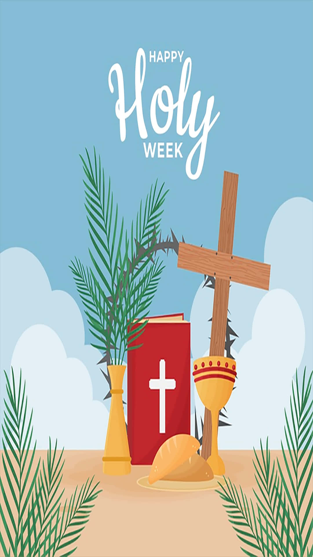 Holy Week, wooden cross, palm fronds, Full HD Phone Wallpaper
