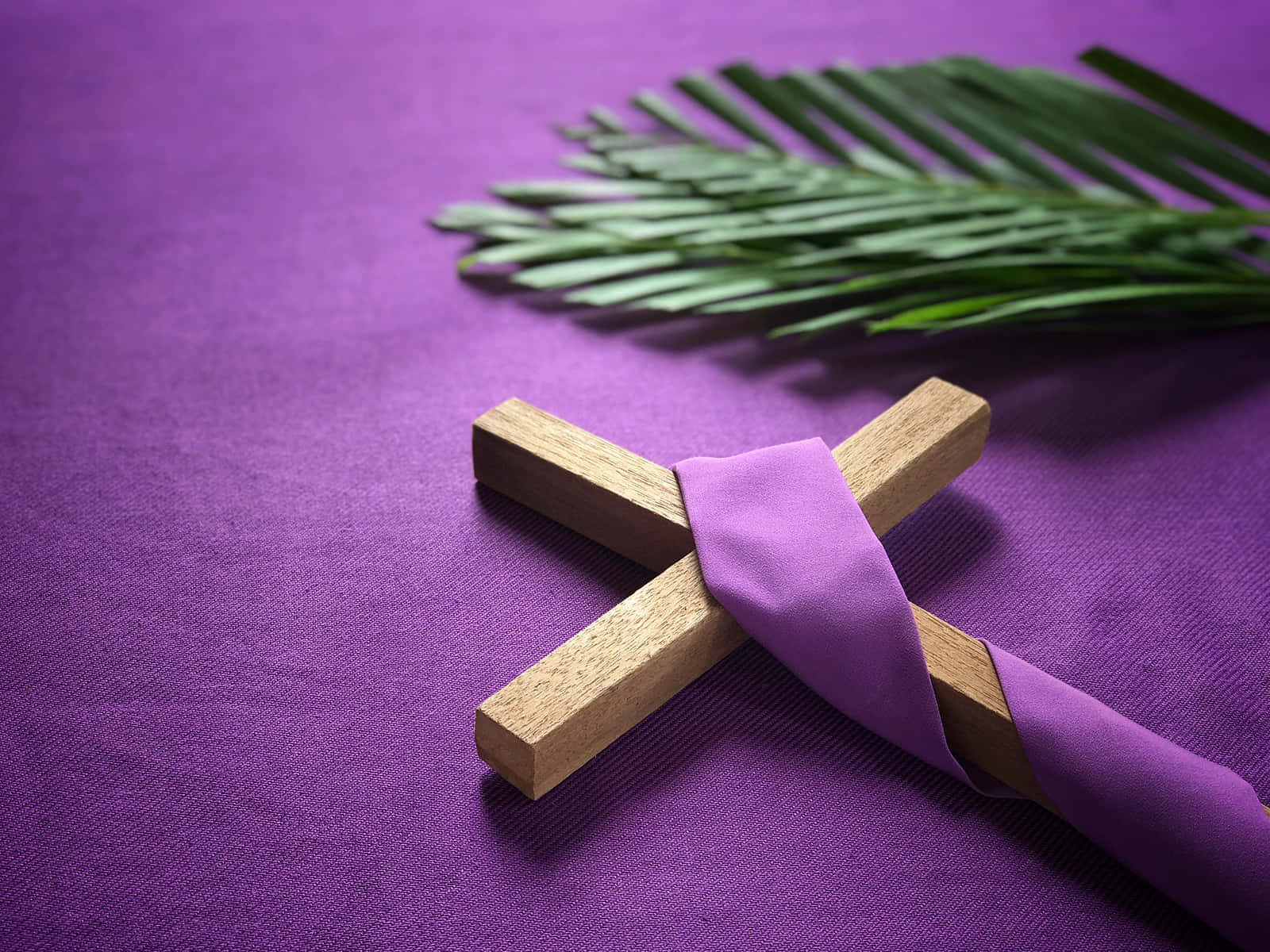 wooden cross, purple fabric, green palm frond, HD Desktop Wallpaper