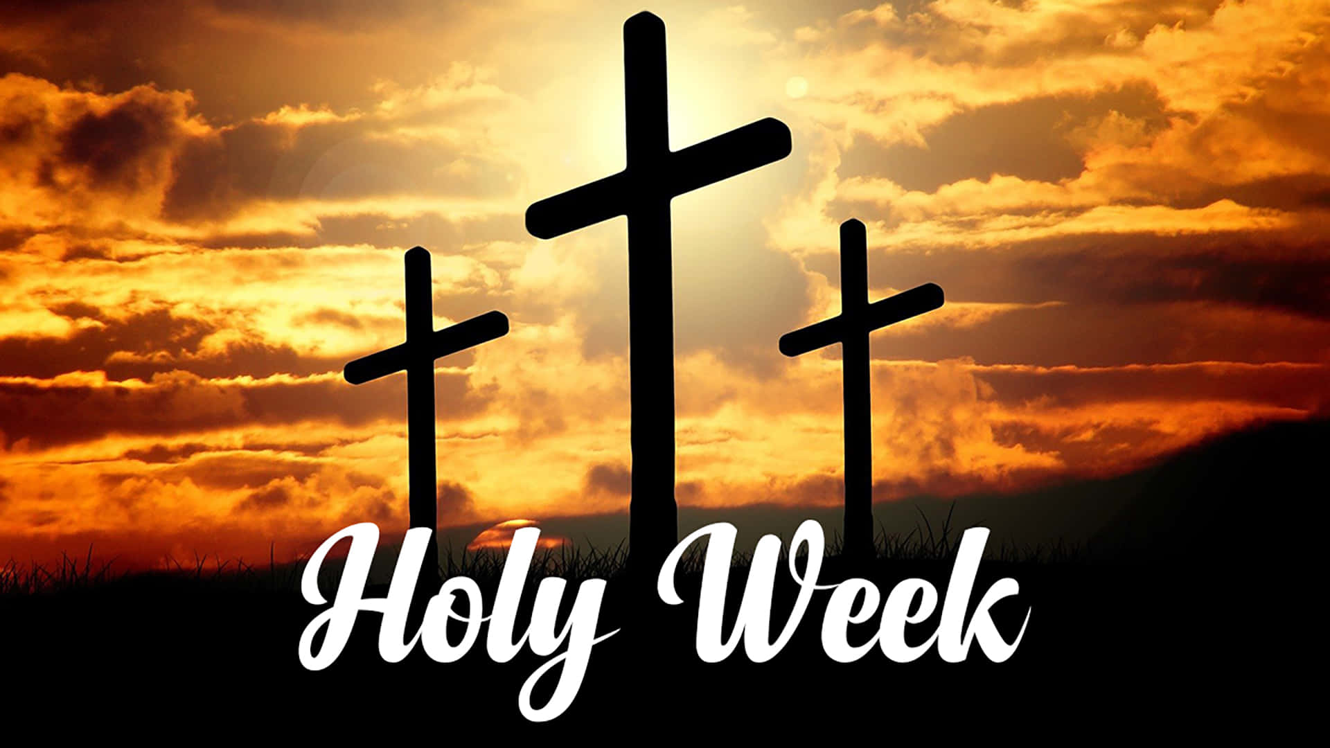 Holy Week, fiery orange sunset, three crosses, Full HD Desktop Wallpaper