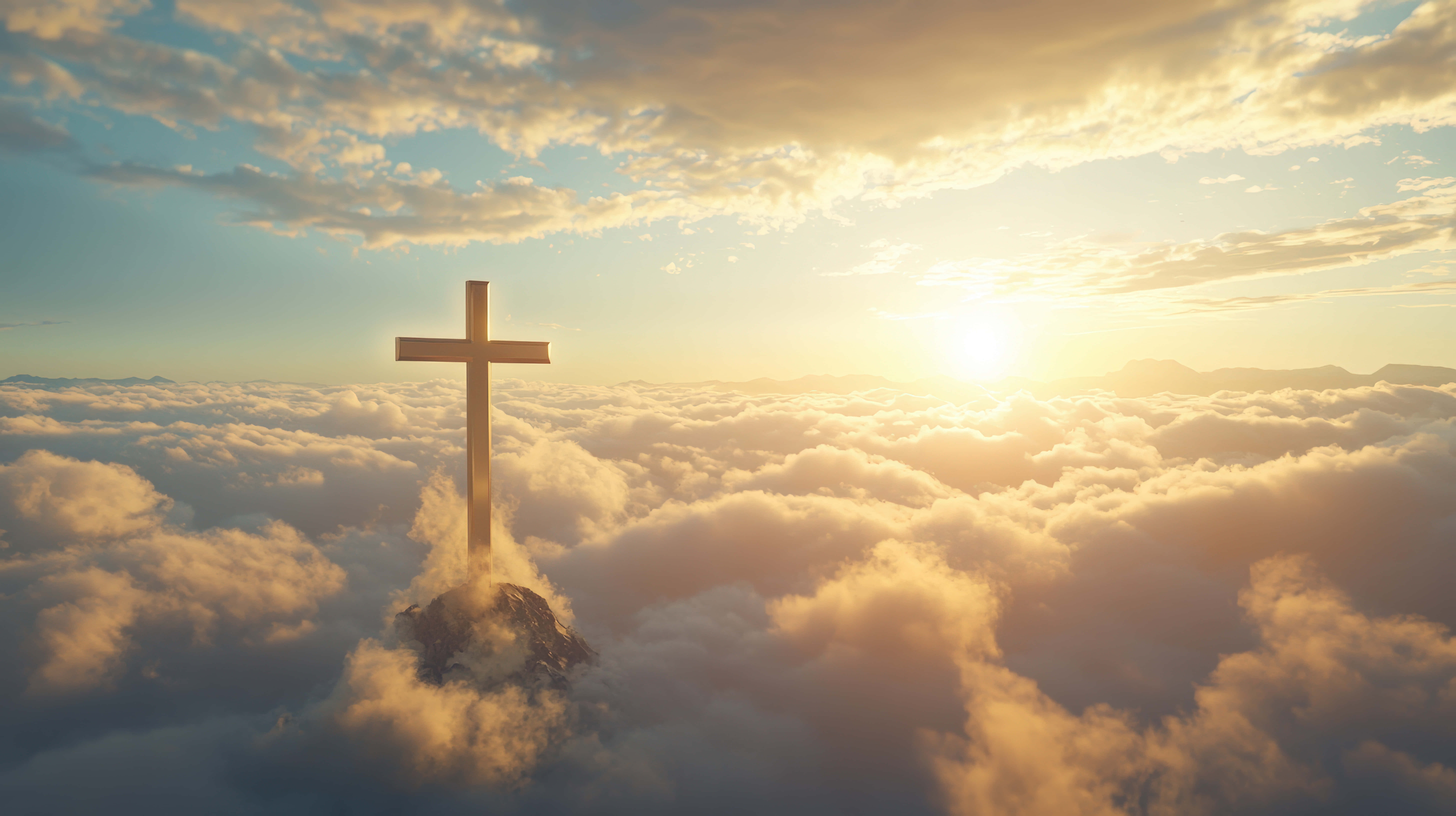 golden cross, rocky peak, sea of clouds, 8K Desktop Wallpaper
