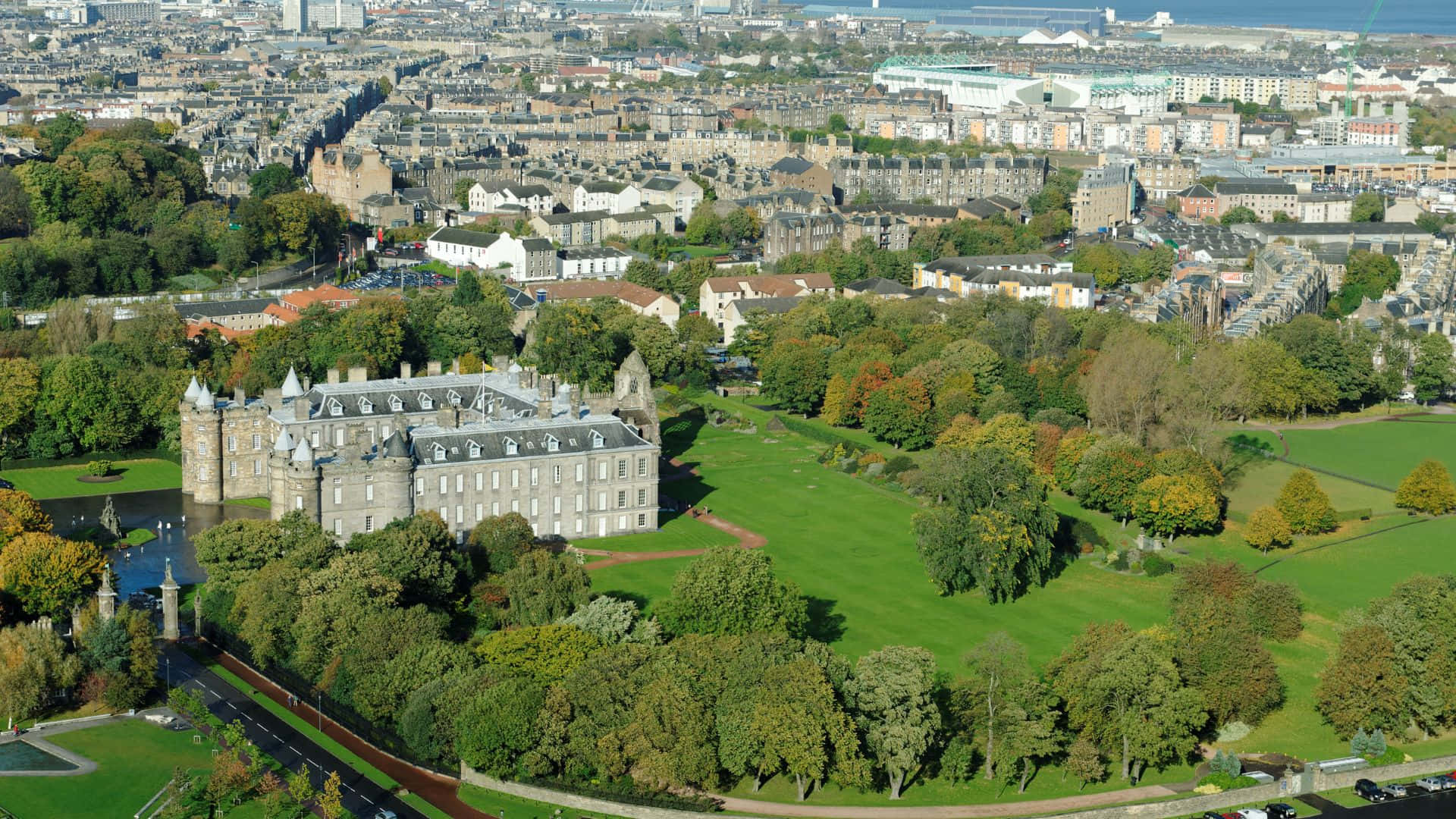 Holyrood Palace, aerial view, grand stone castle, Full HD Desktop Wallpaper