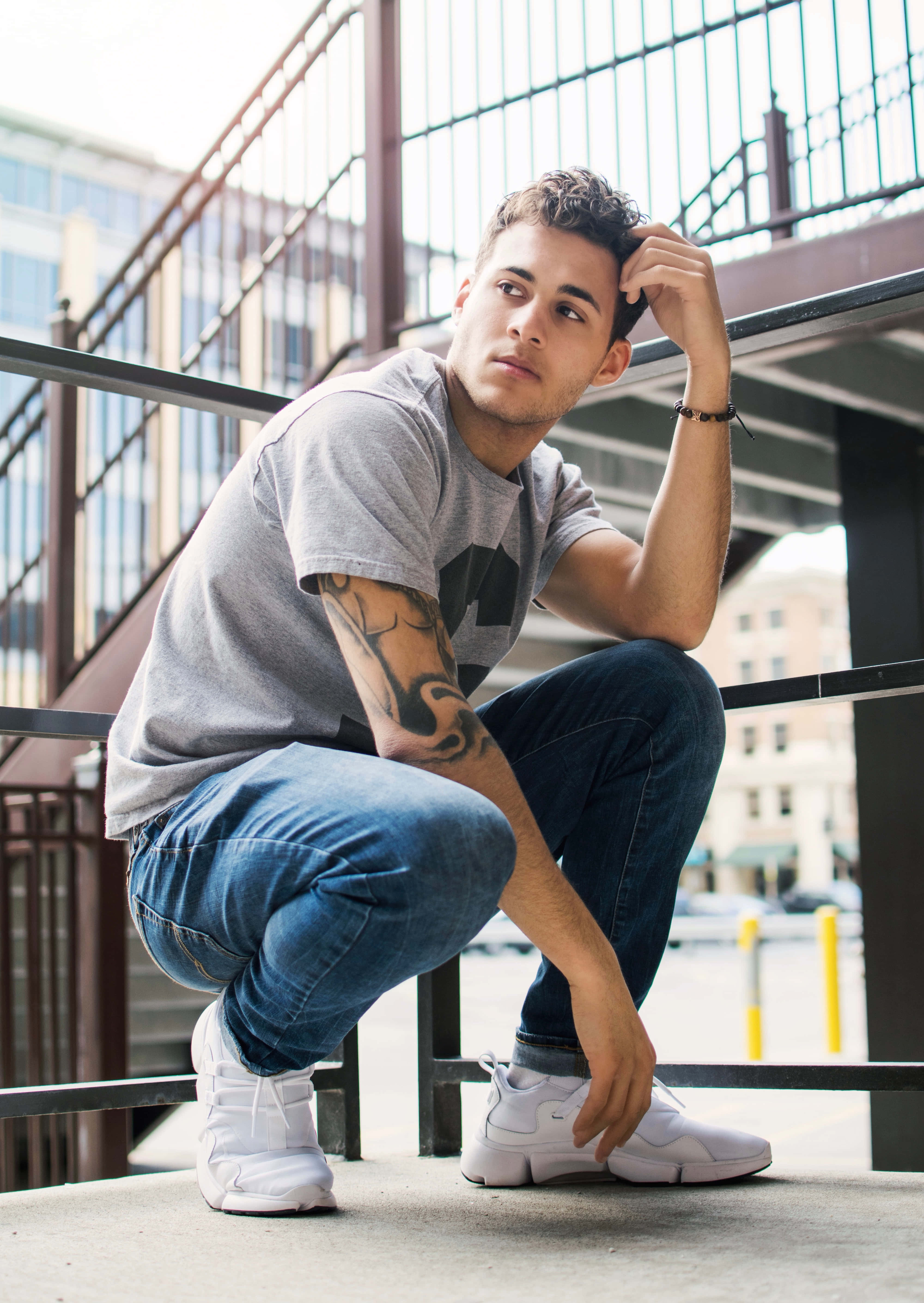 hombres guapos, skater look, urban stairs, 5K Phone Wallpaper