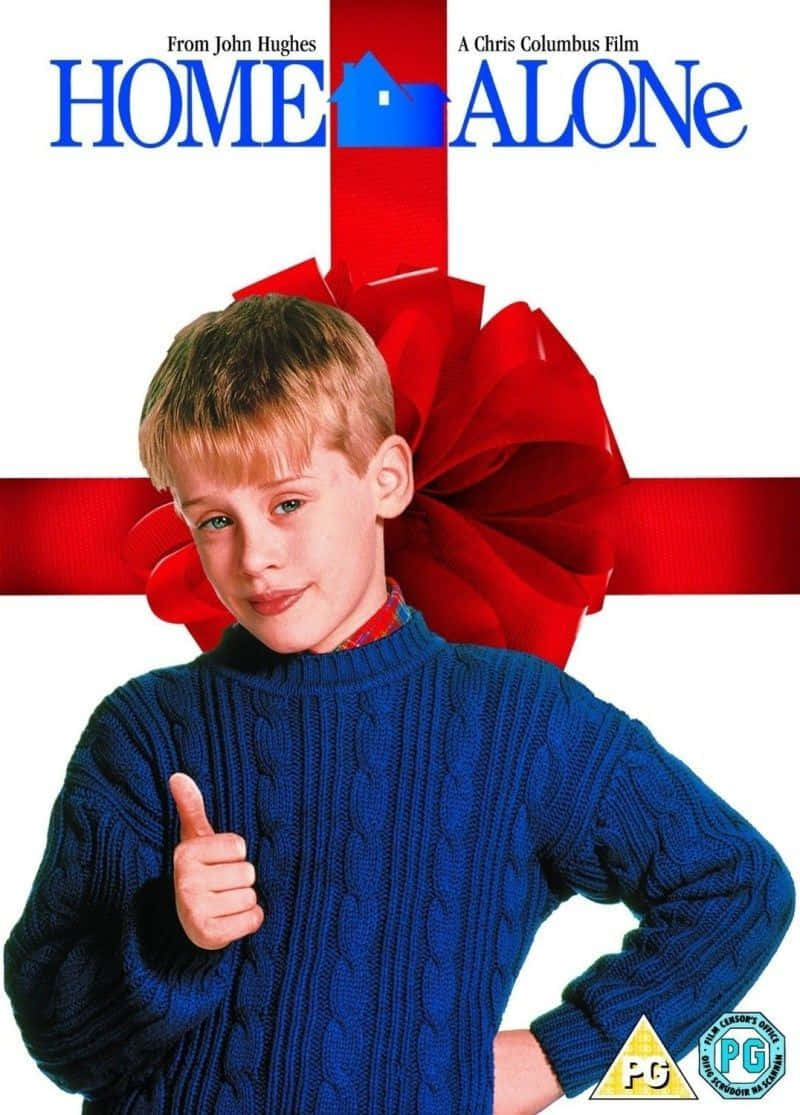 Home Alone, blue cable-knit sweater, red ribbon and bow backdrop, SD Phone Wallpaper