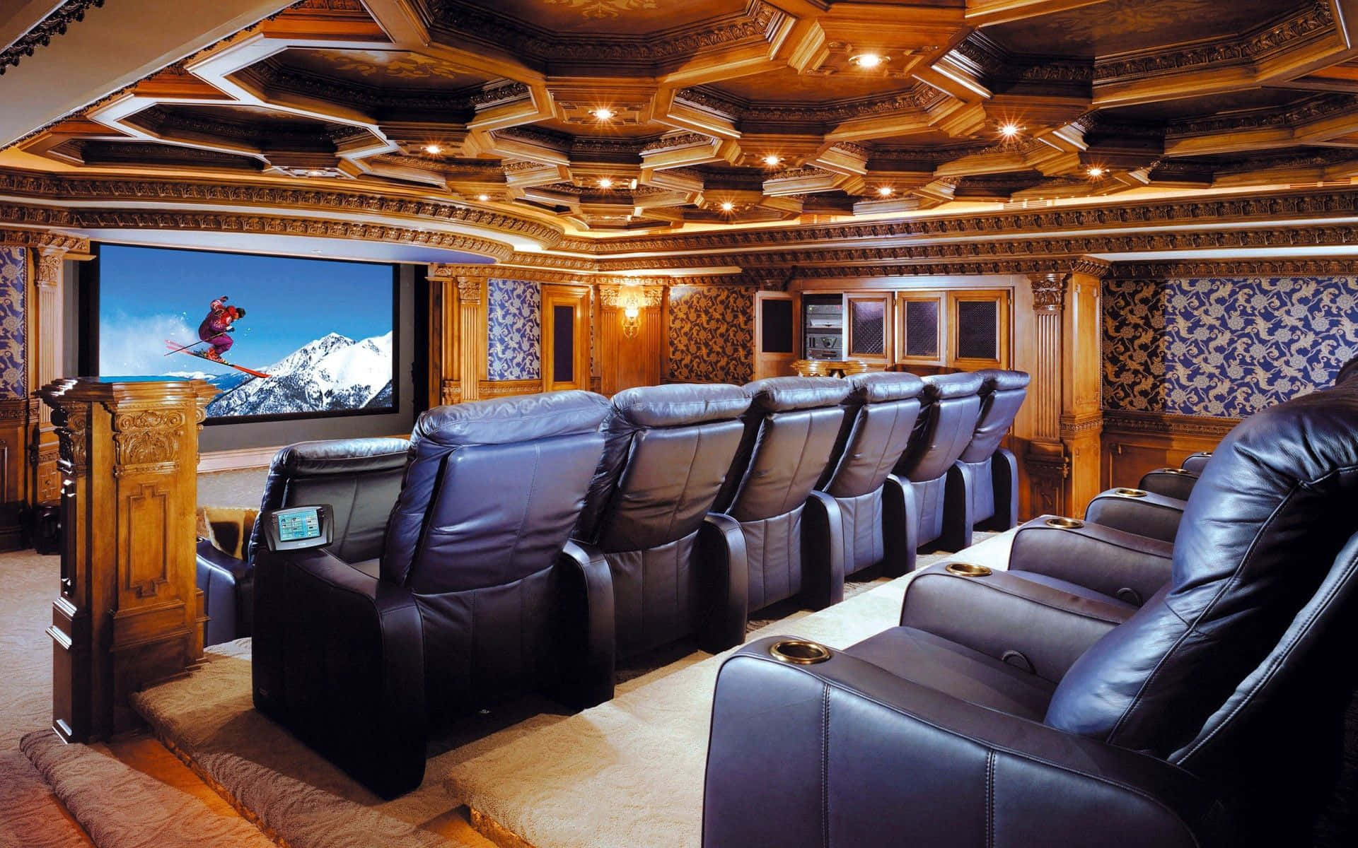 Home Cinema, black leather recliners, large screen, Full HD Desktop Wallpaper
