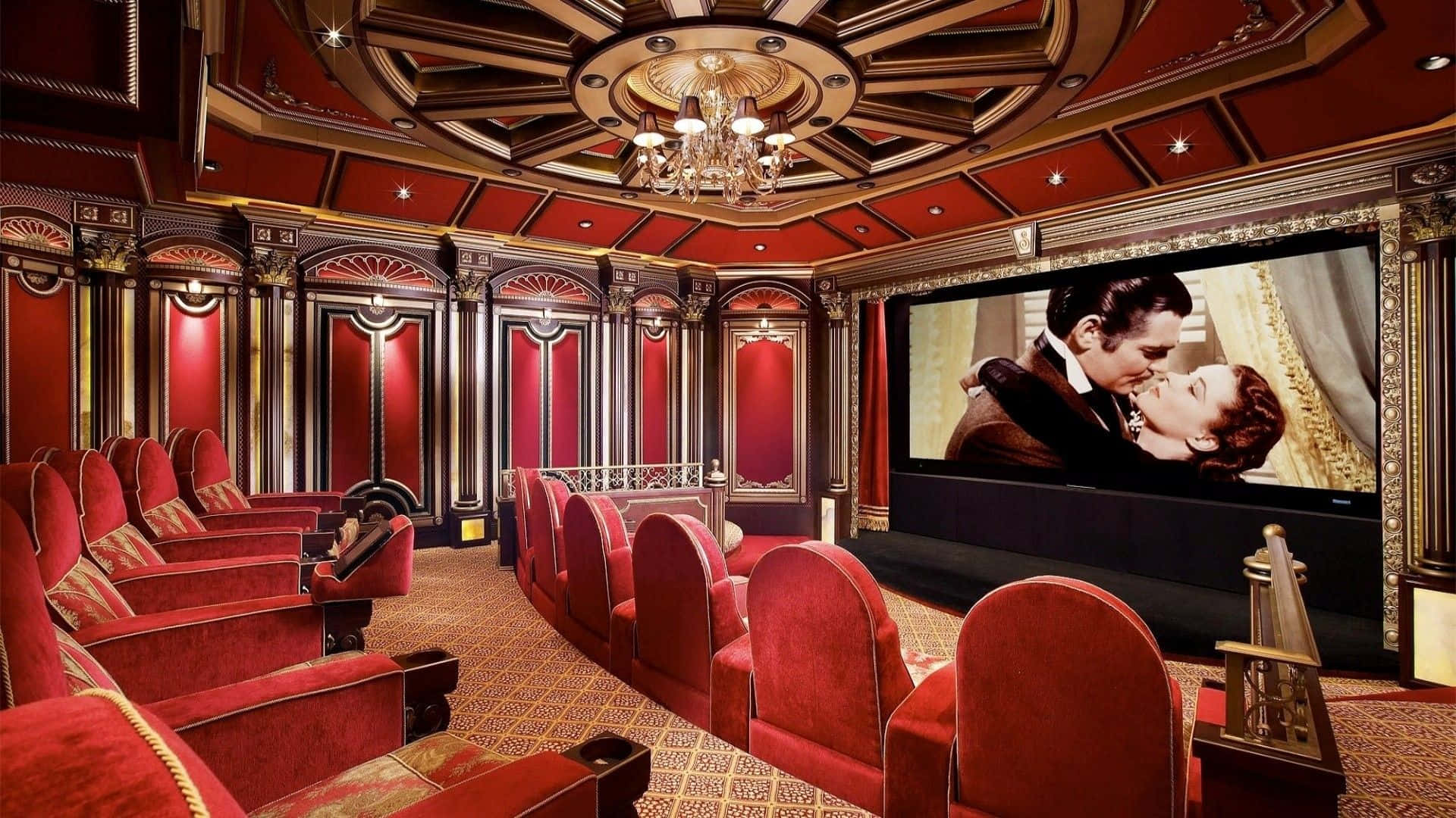 home cinema, red velvet seats, ornate gold trim, Full HD Desktop Wallpaper