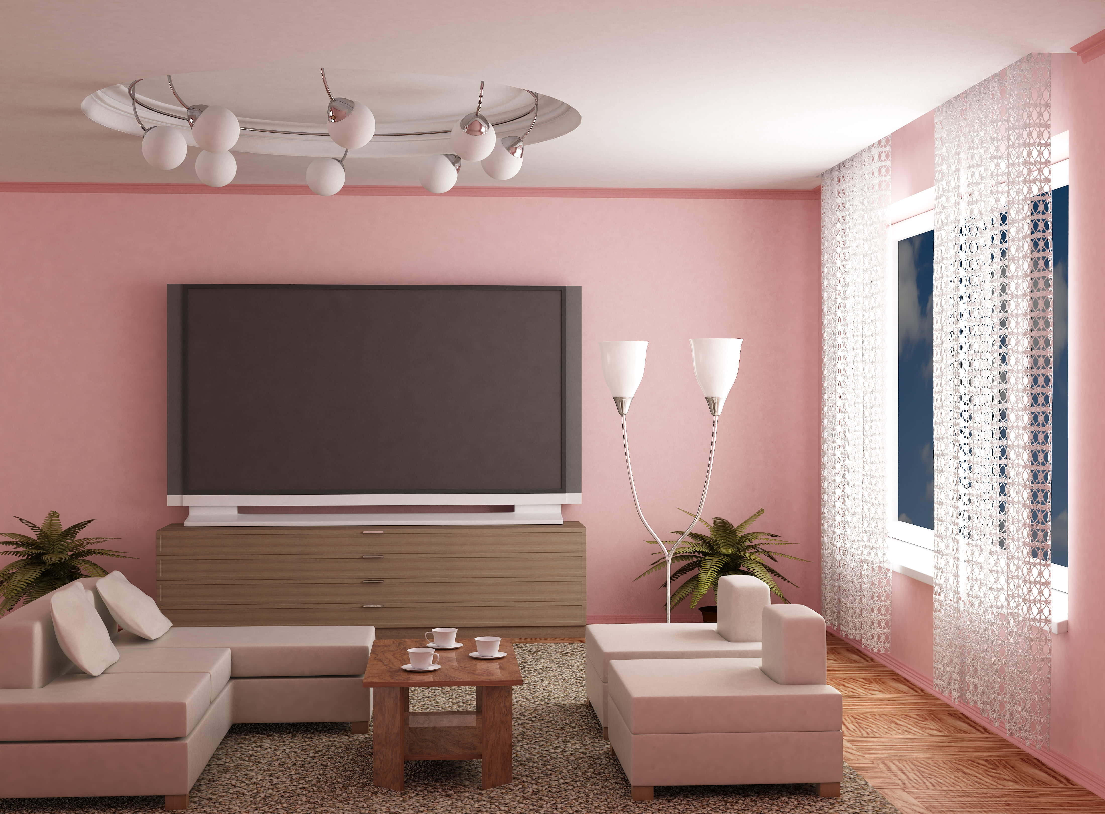 home cinema 4400 x 3240, pink walls, large TV, 4K Desktop Wallpaper