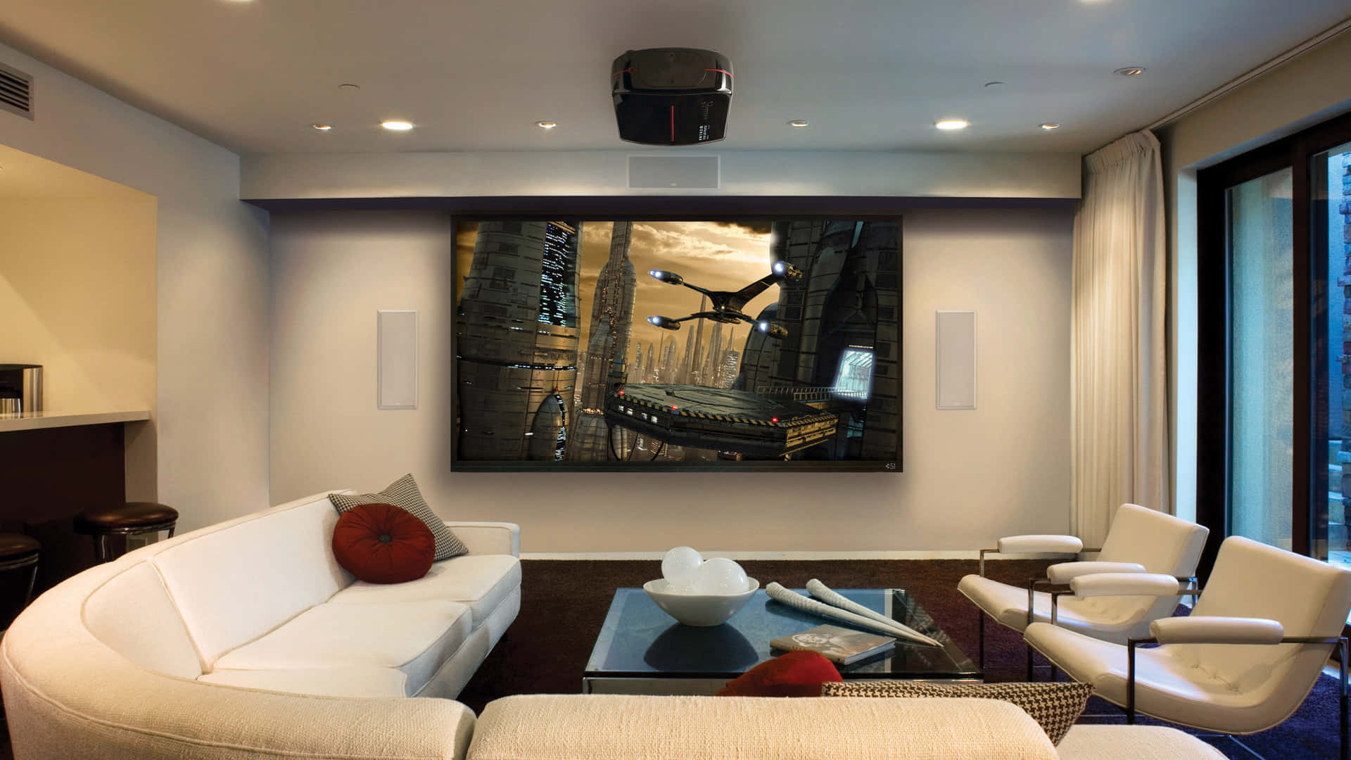 home cinema, 1920 x 1080, white curved sofa, Full HD Desktop Wallpaper