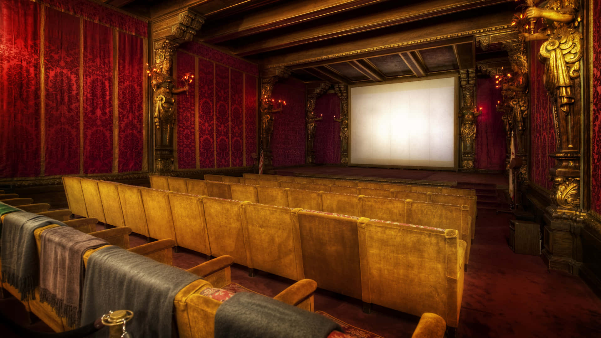 Home Cinema, vintage cinema hall, plush red velvet walls, Full HD Desktop Wallpaper